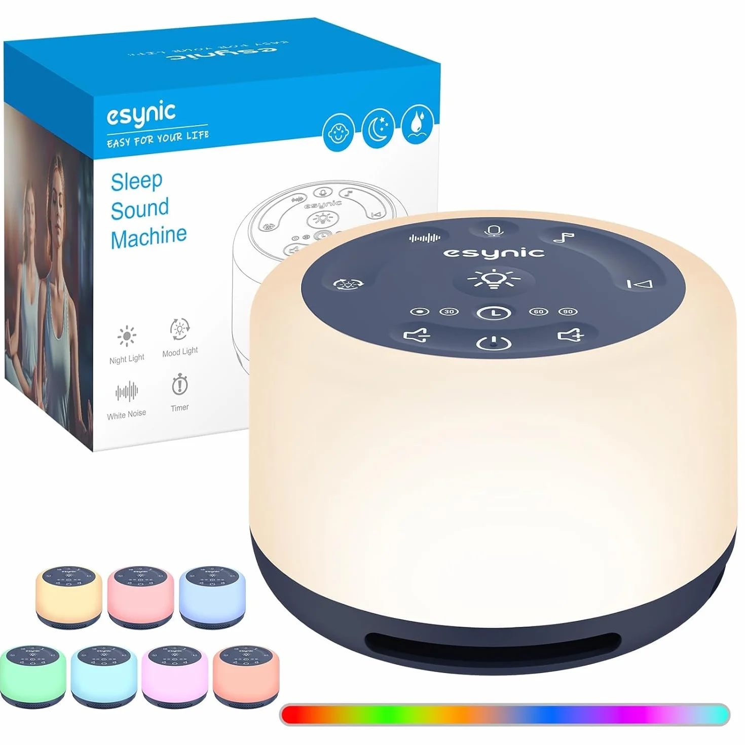 eSynic Machine à Bruit Blanc Portable pour Bébé avec 30 Sons Relaxants, Veilleuse Réglable, Minuterie, Batterie Intégrée (Bleu)
