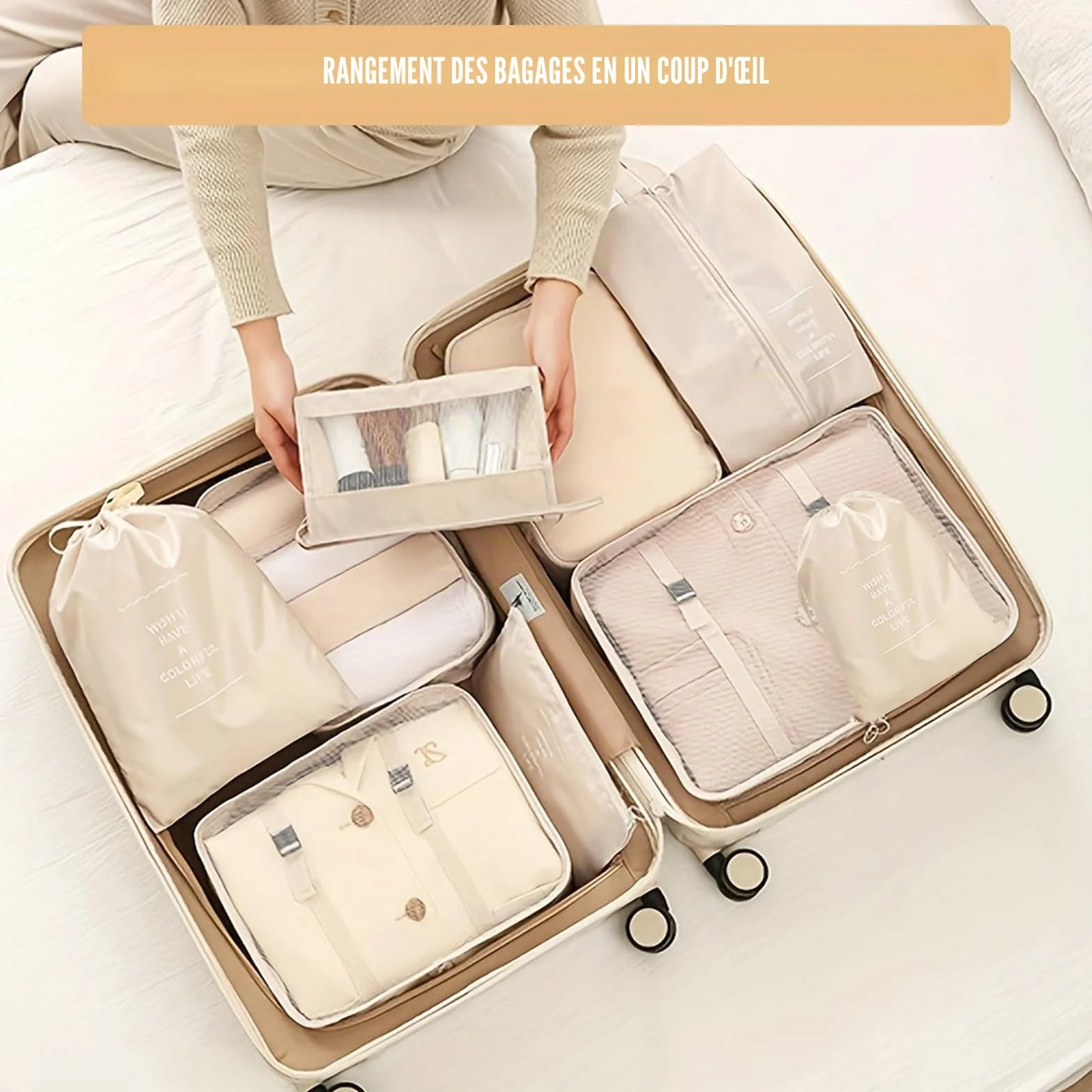 Lot de 9 Organisateur Valise Imperméables Packing Cubes Résistant à la Déchirure Pochette Voyage Beige