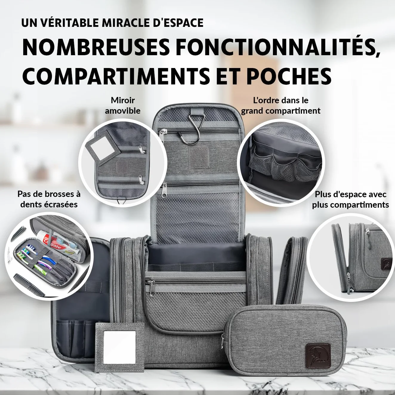 Obics® Trousse de Toilette Voyage 8L Gris Grand Sac à Cosmétiques avec Poignée de Suspension et Miroir 10 Compartiments