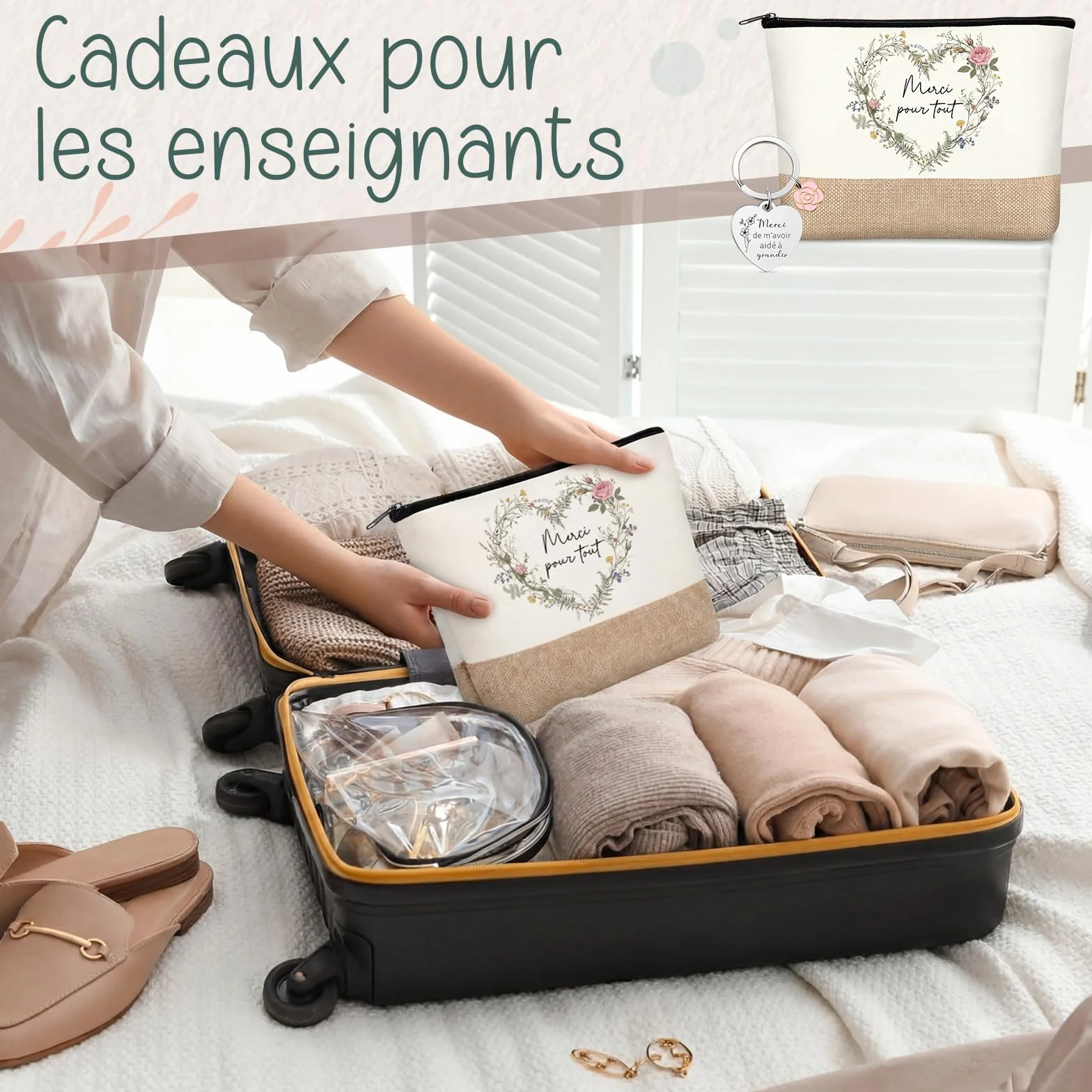 Coffret Cadeau Merci Maitresse avec Porte Clef et Trousse de Maquillage sur Toile Cadeau Enseignants Fin d'Études