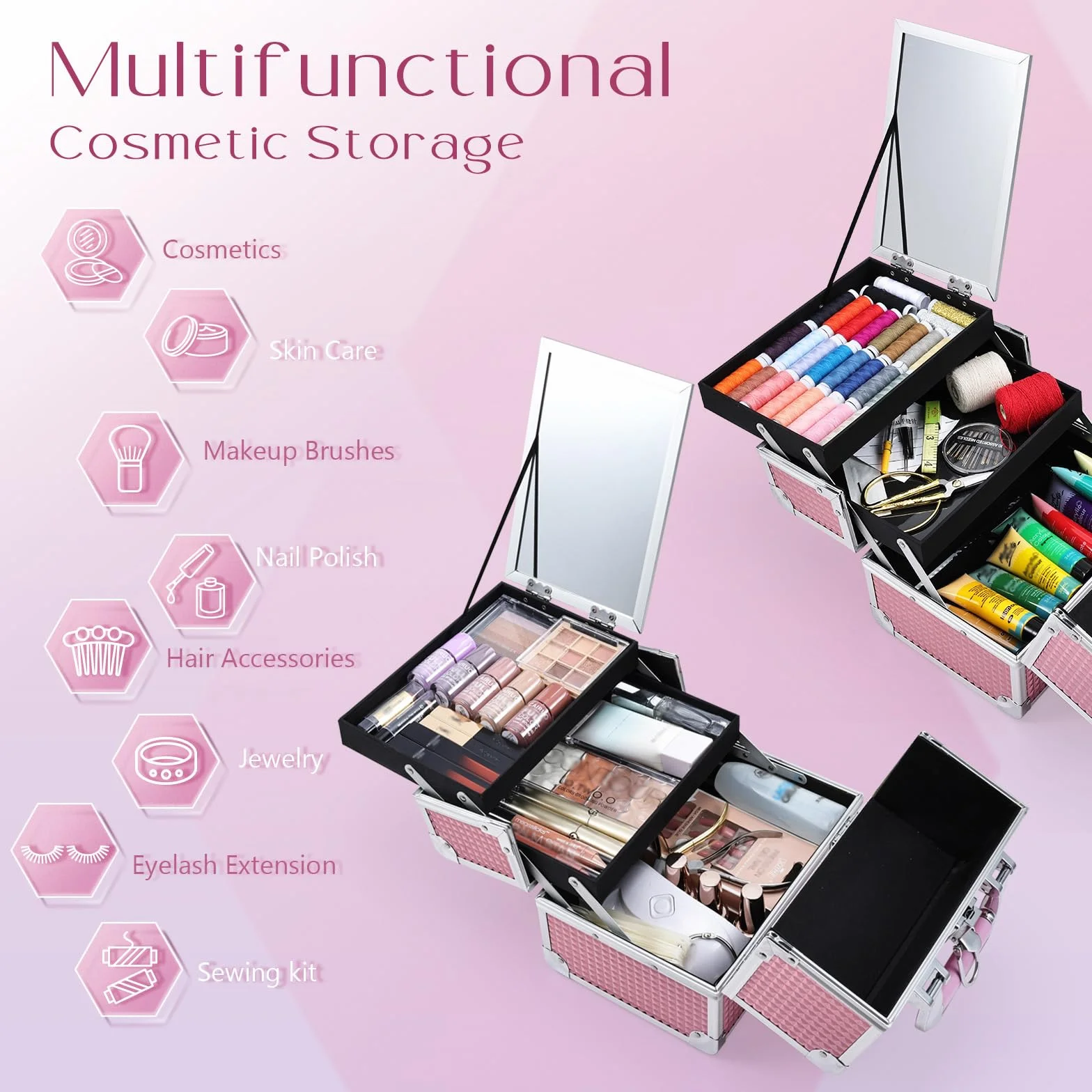 Joligrace Mallette Maquillage avec Miroir Valise Vanity Rangement Coiffure Beauty Case Rose