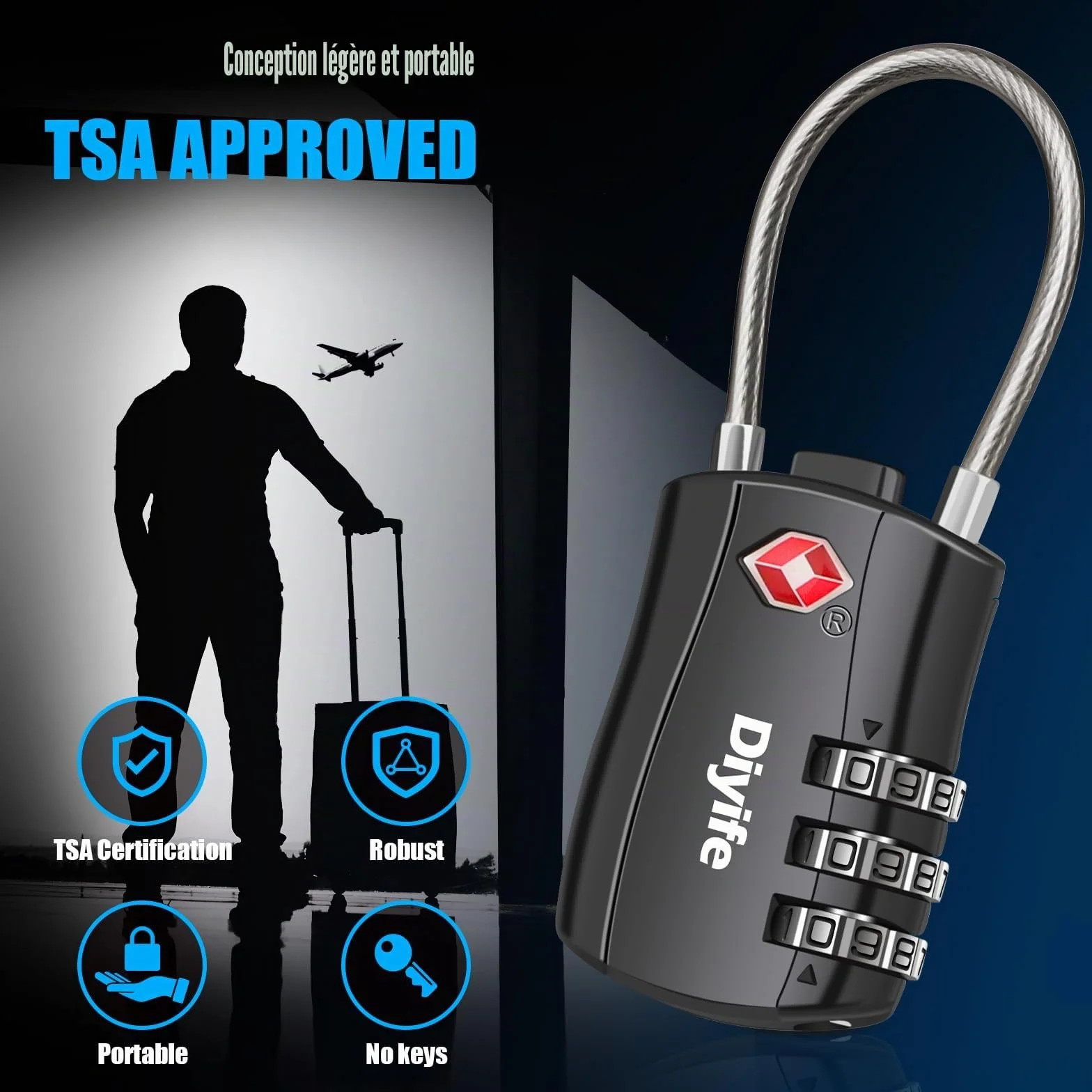 Cadenas pour Bagages TSA Lot de 2, Cadenas de Voyage à 3 Chiffres, Noir