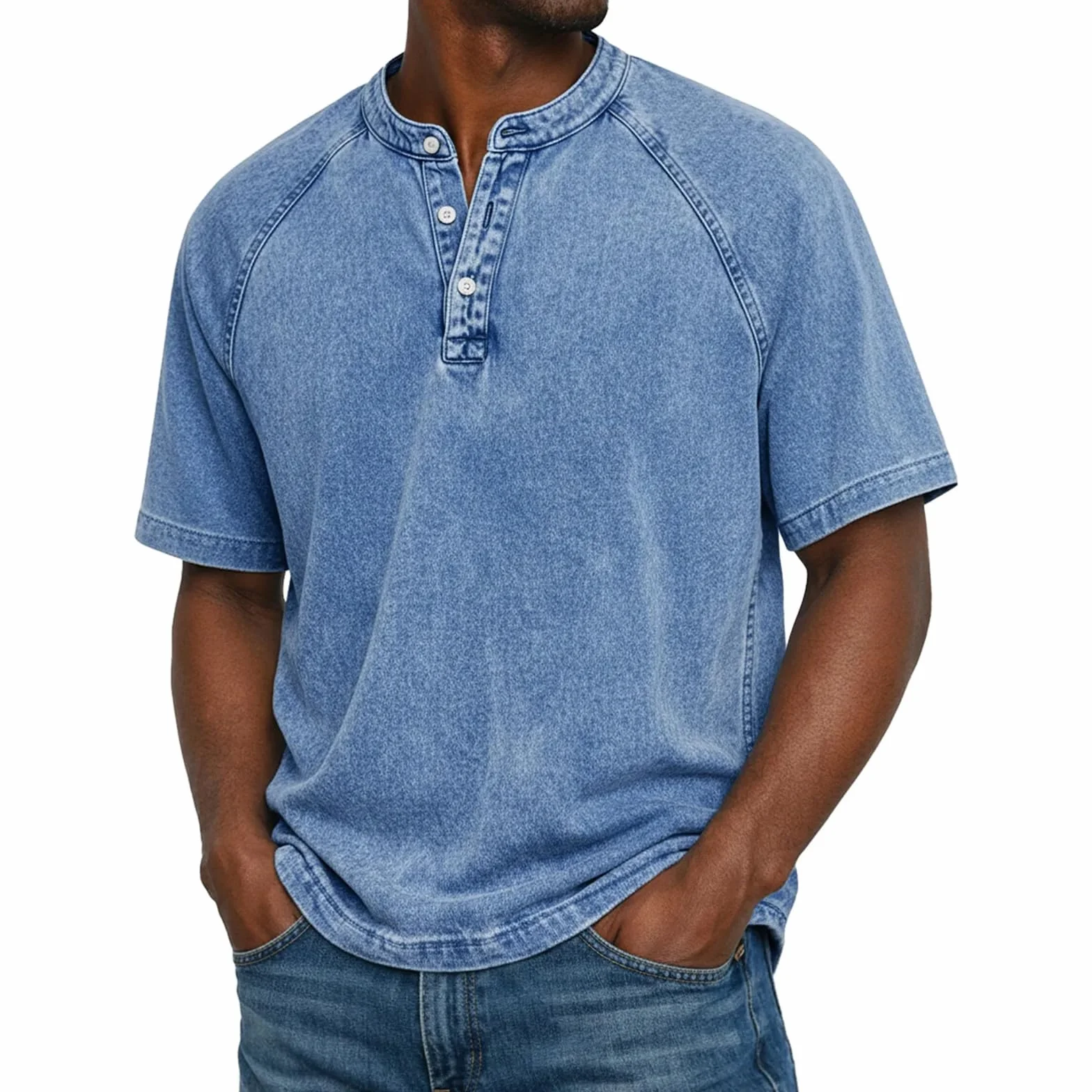 Henley T-Shirt Homme Coupe Ajustée Manches Courtes Vintage Distressed Oversize