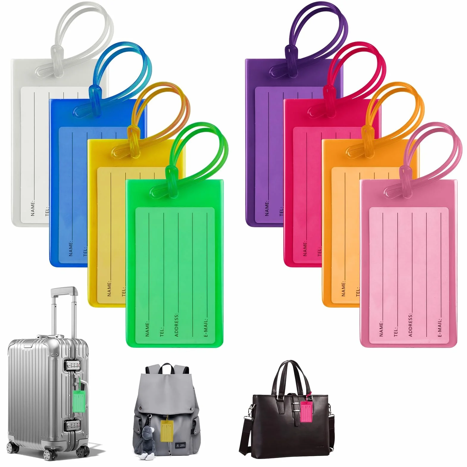 Étiquette Valise avec Carte PVC Étanche 8 Pièces, Porte Nom Bagage pour Voyage Sacs à Dos