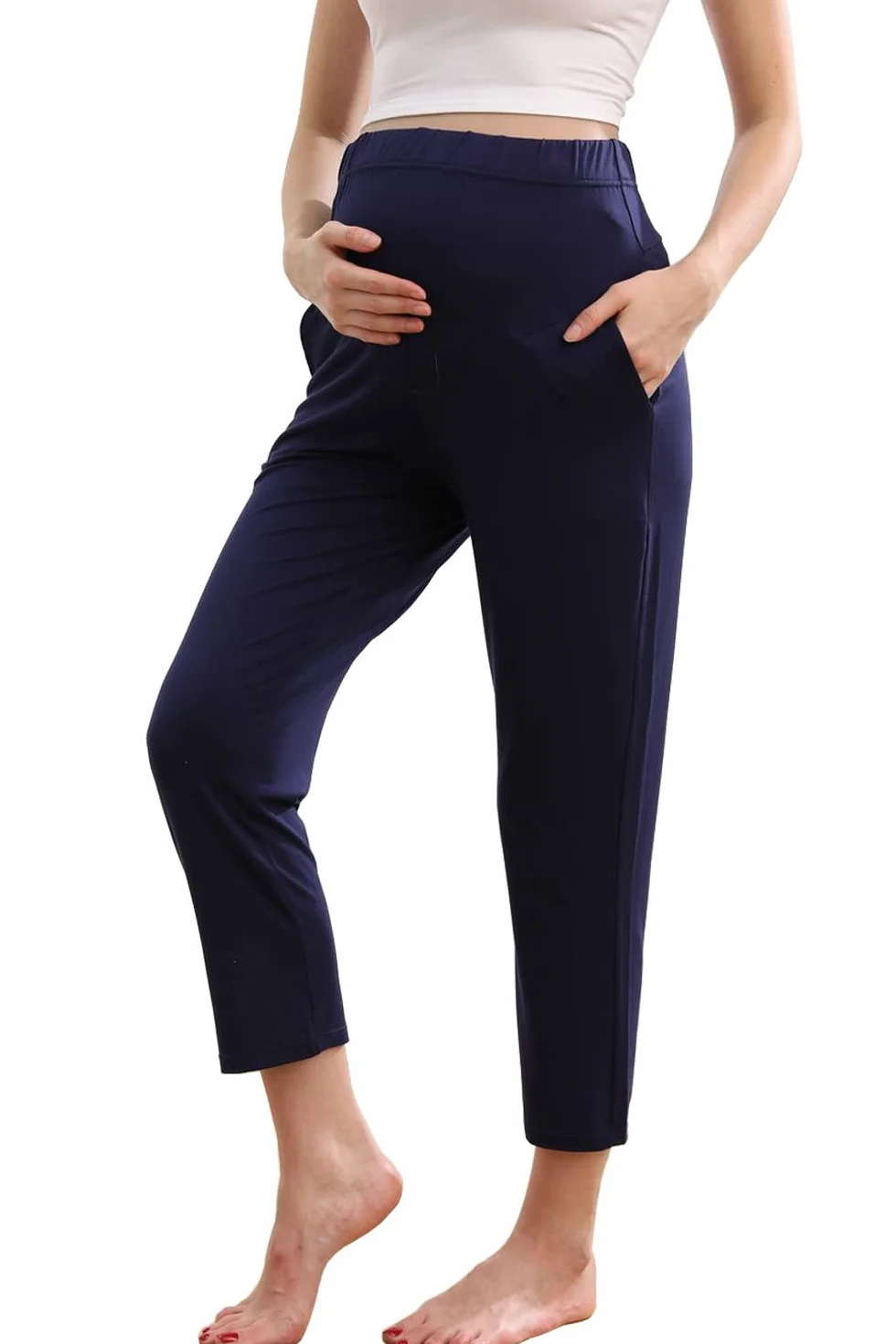 Pantalons de Maternité pour Femme, Pantalon de Grossesse avec Panneau Abdominal Élastique et Poches