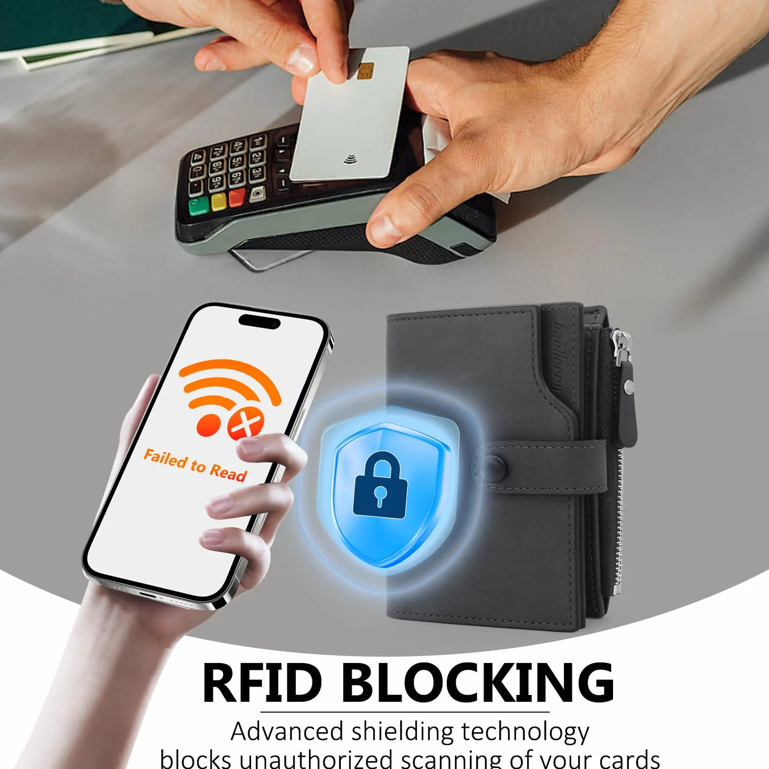 Portefeuille Homme RFID Bloquant Cuir PU avec 17 Porte Carte, Vertical Zippé Noir