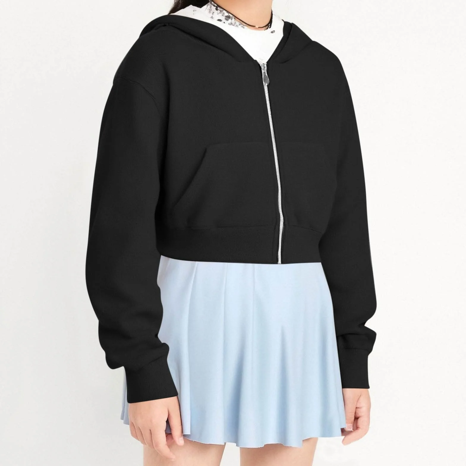 Sweat Court Fille à Capuche Zippée Veste Crop Top Sweatshirt Ado Manche Longue Hiver