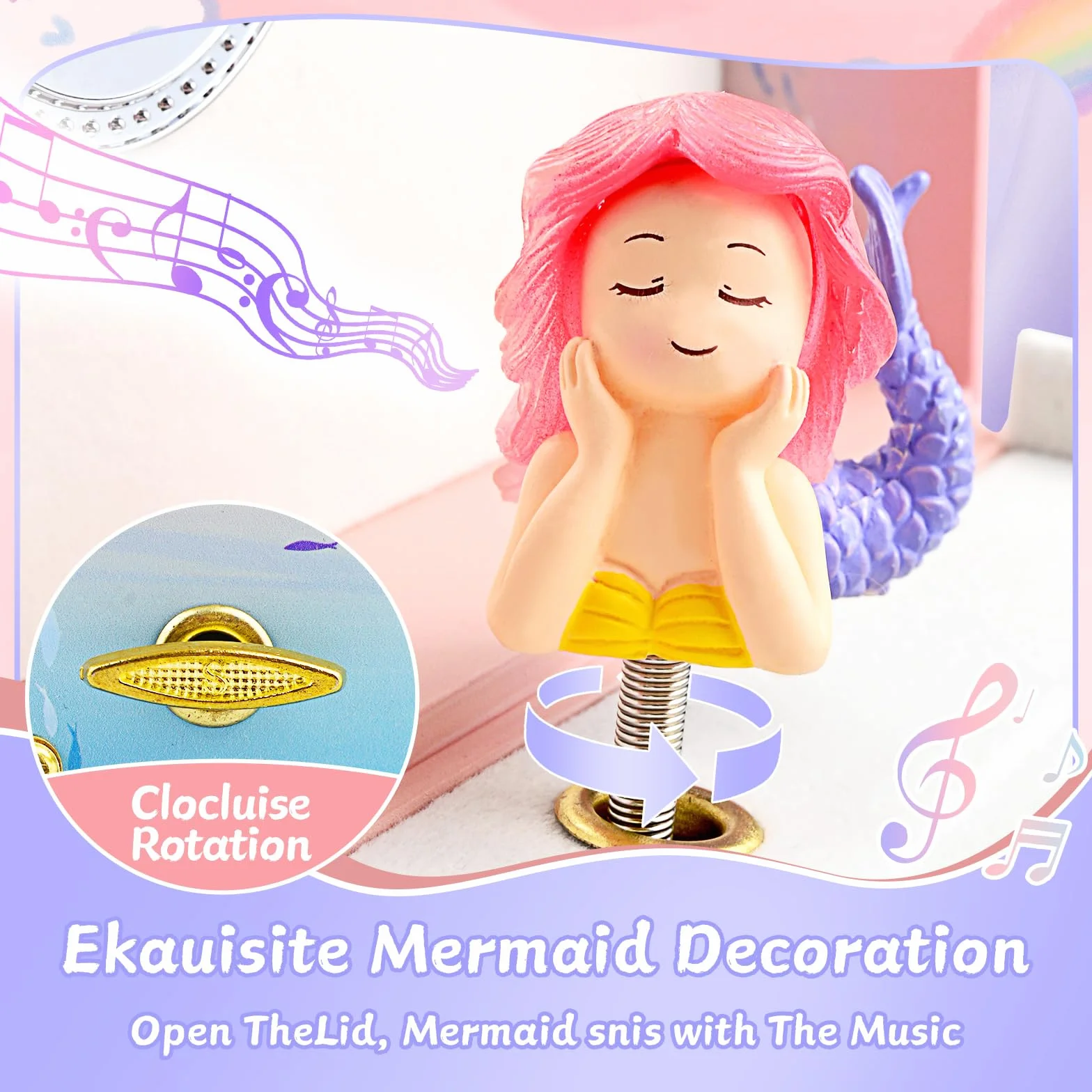 KOMABLEN Sirène Boîte à Bijoux Fille avec Miroir, Boîte à Musique Enfant 4 Parure de Bijoux et Protege Angle Cadeau Anniversaire 3-10 ans