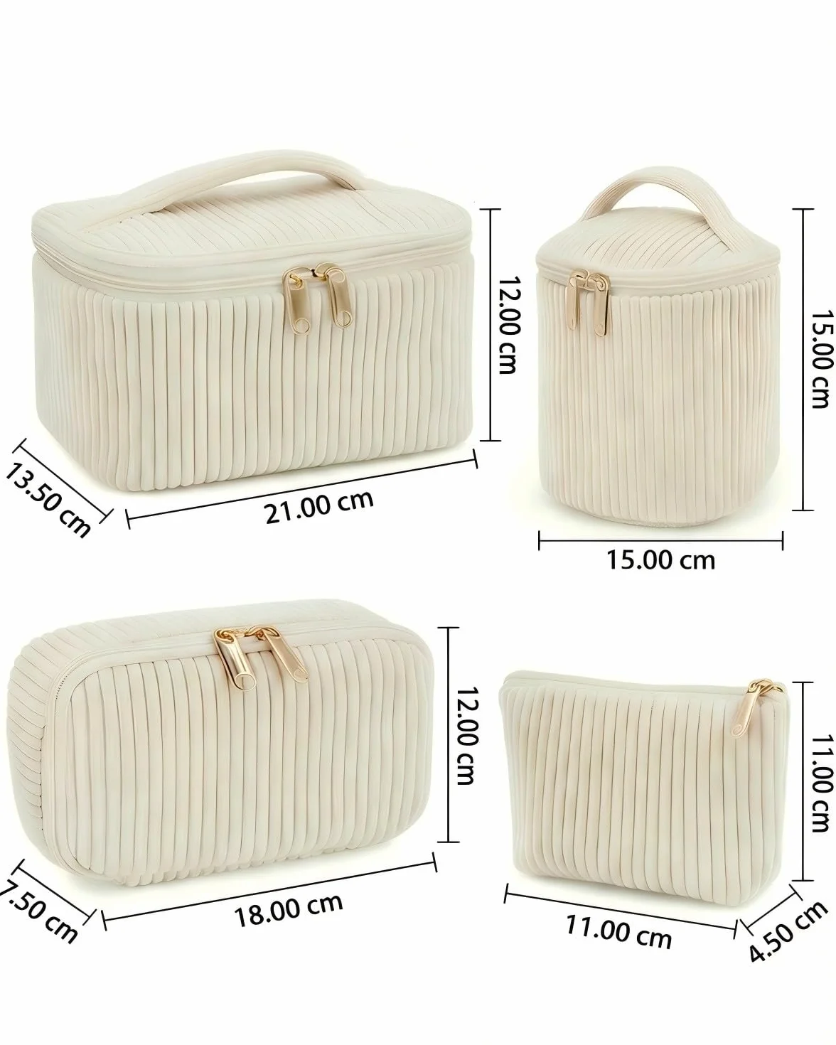 Lot de 4 Trousses de Toilette Femme en Velours Côtelé, Trousse Maquillage avec Poignée, Grande Moyenne Petite Mini, Beige