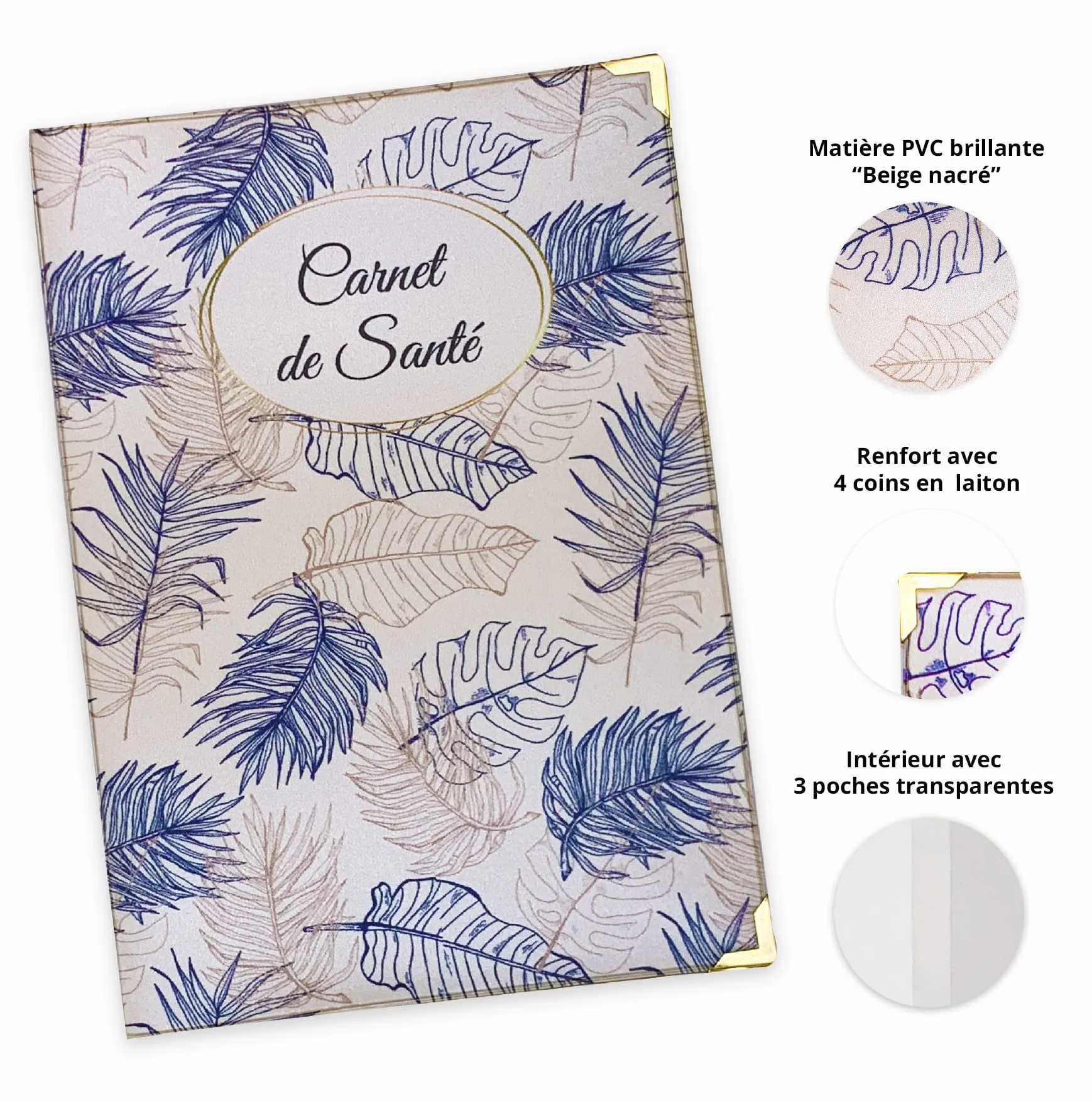 Protège Carnet de Santé en Gomme Expansée Nacrée - Étui Bébé Enfant Adulte Format Maternité Standard - Feuilles Bleues et Or