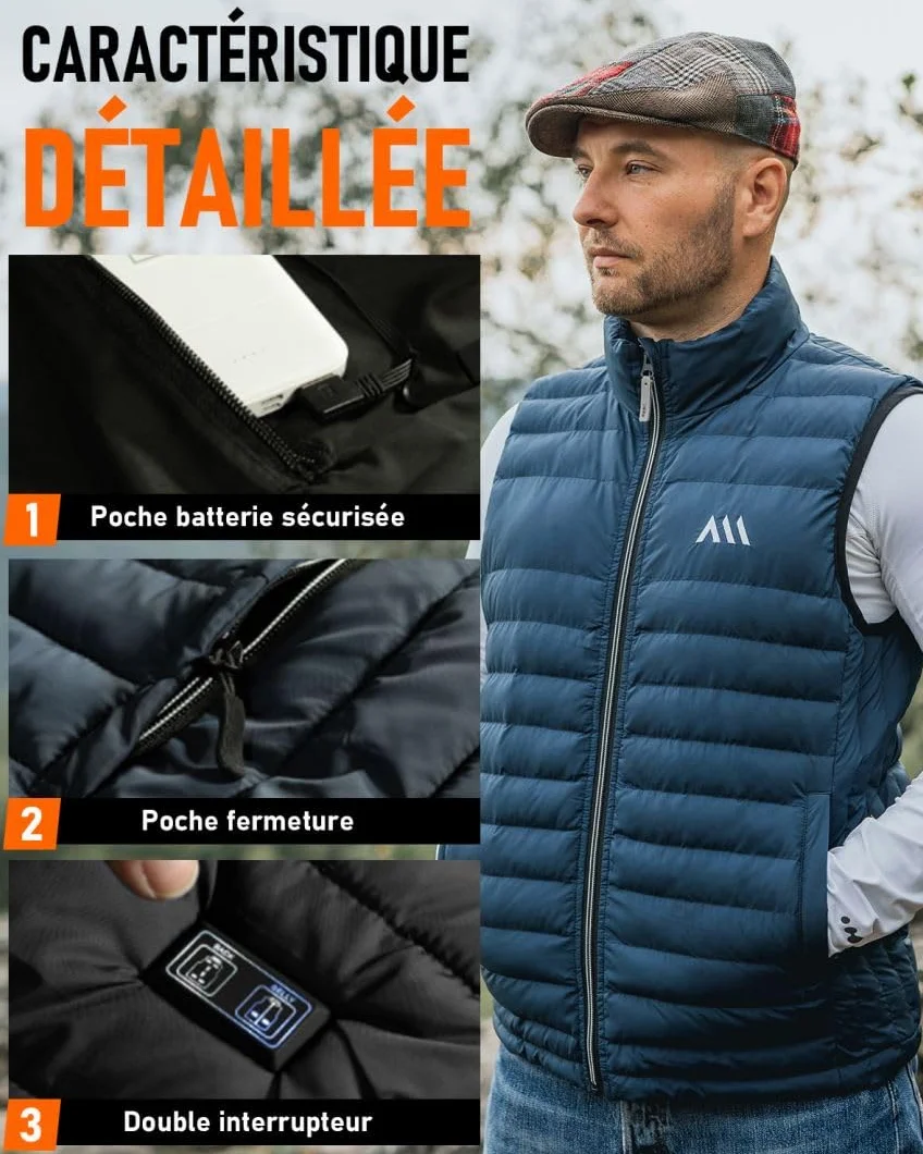 Gilet Chauffant Électrique 20000mAh Veste Chauffante Homme Sans Manche 6 Zones