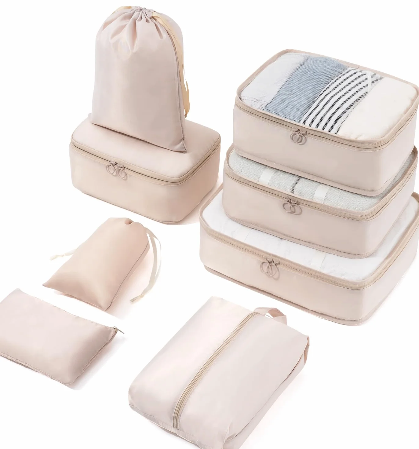 Meowoo Organisateur Valise Lot de 8 Rangement Sacs de Voyage pour Vêtements Chaussures Cosmétiques Beige