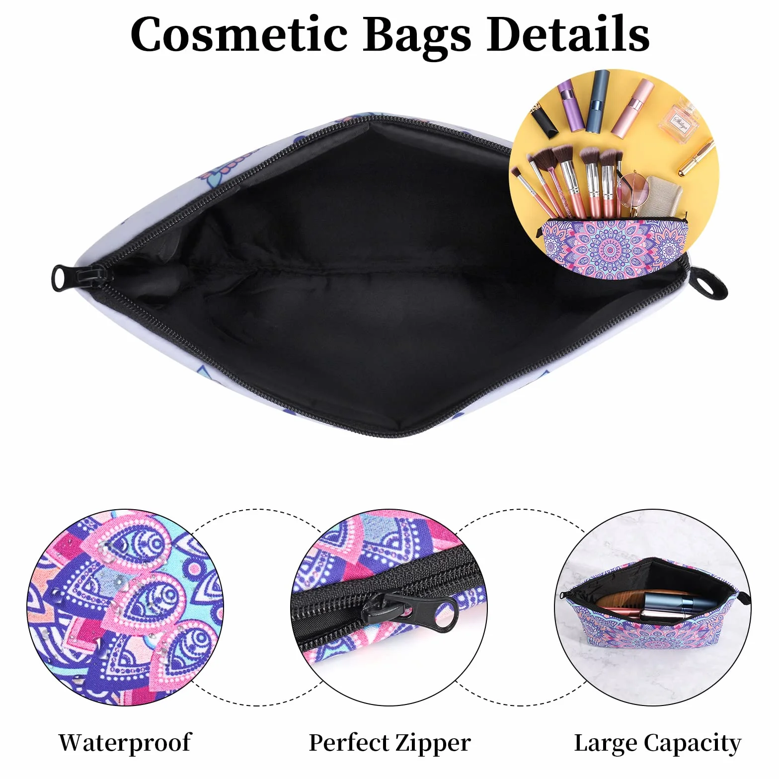 Czemo 4 Pcs Trousse à Maquillage Femme Sac à Cosmétiques en Toile Imprimé Sac de Rangement Voyage