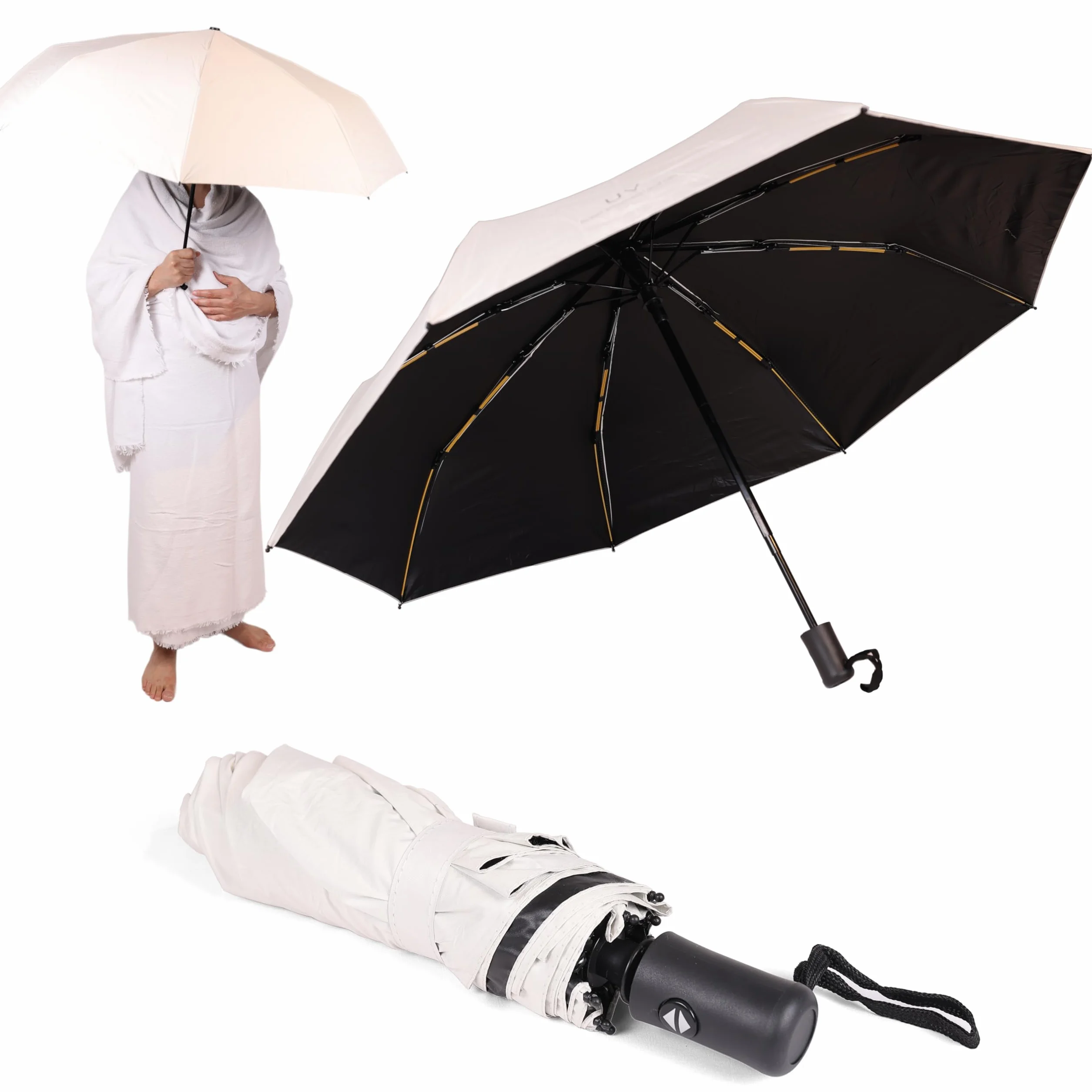 Parapluie Pliant Anti-UV Double Couche Thermo-Protecteur Blanc Réfléchissant Intérieur Noir Compact Léger Ouverture Automatique Hajj Omra