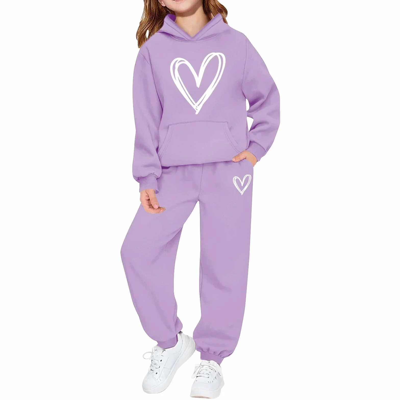 Ensemble survêtement 2 pièces imprimé cœur filles - Pull manches longues jogging adolescentes - Mode Y2K vêtements sport
