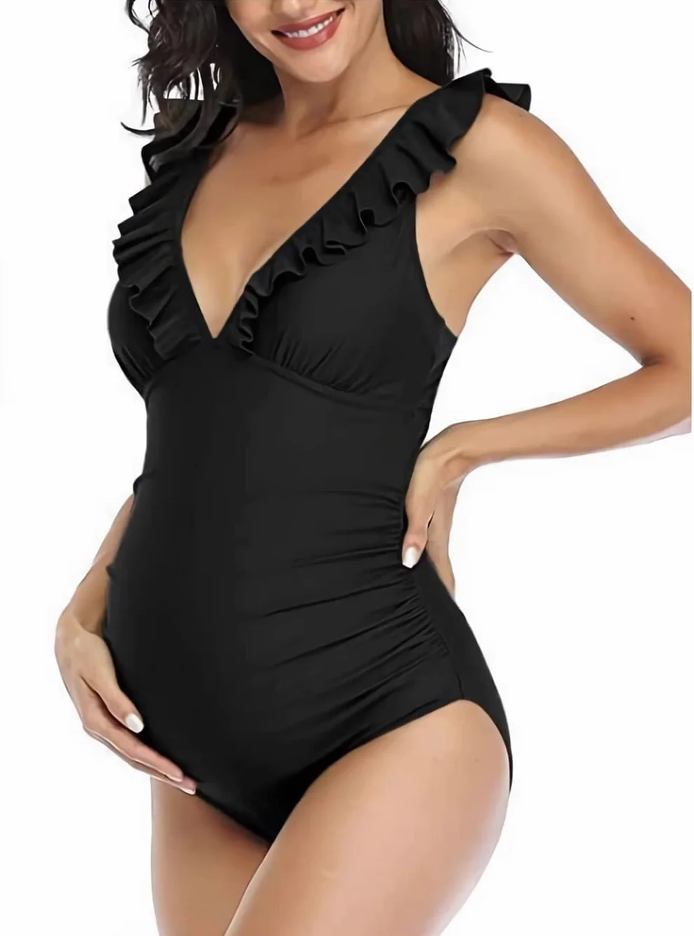 Maillot de Bain Grossesse Femmes Une Pièce Col en V Soutien-Gorge Amovible Froncé Vetement de Plage Piscine