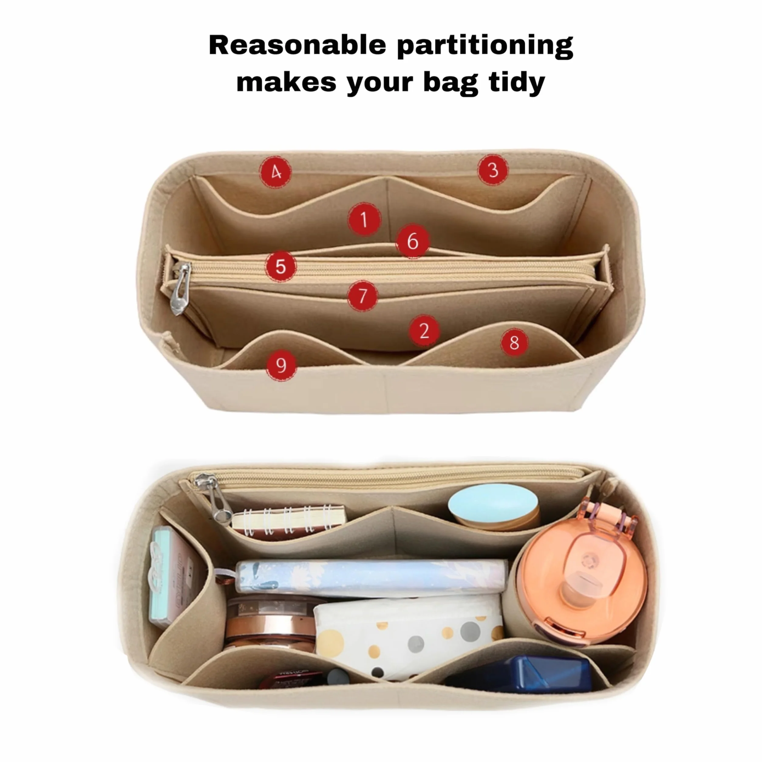 Organiseur de sac à main en feutre avec fermeture éclair, insert de rangement pour femme, beige, taille S
