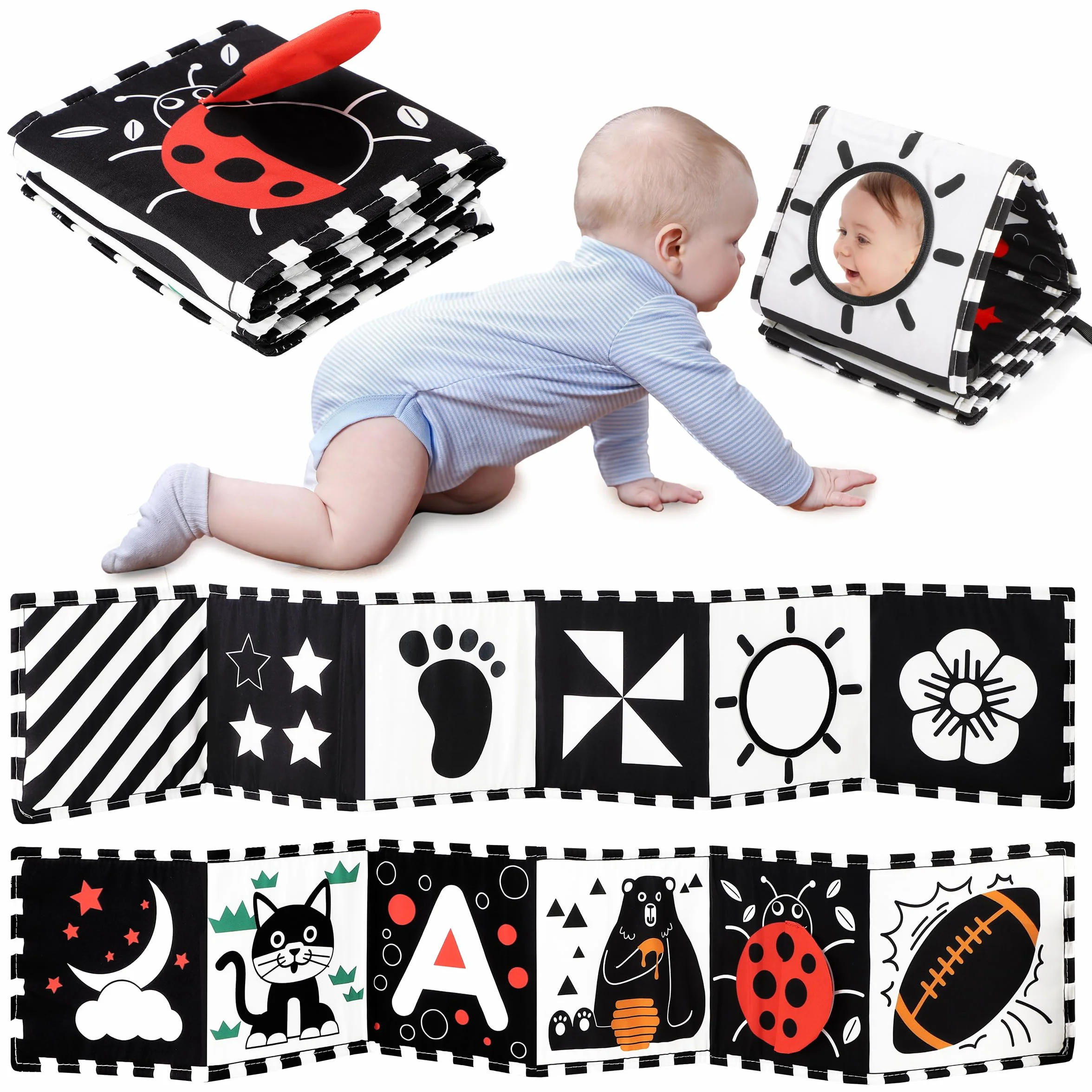 Livre Tissu Bébé Noir et Blanc Montessori Haute Contraste Sensoriel 0-3-6-12 Mois Jouet Eveil