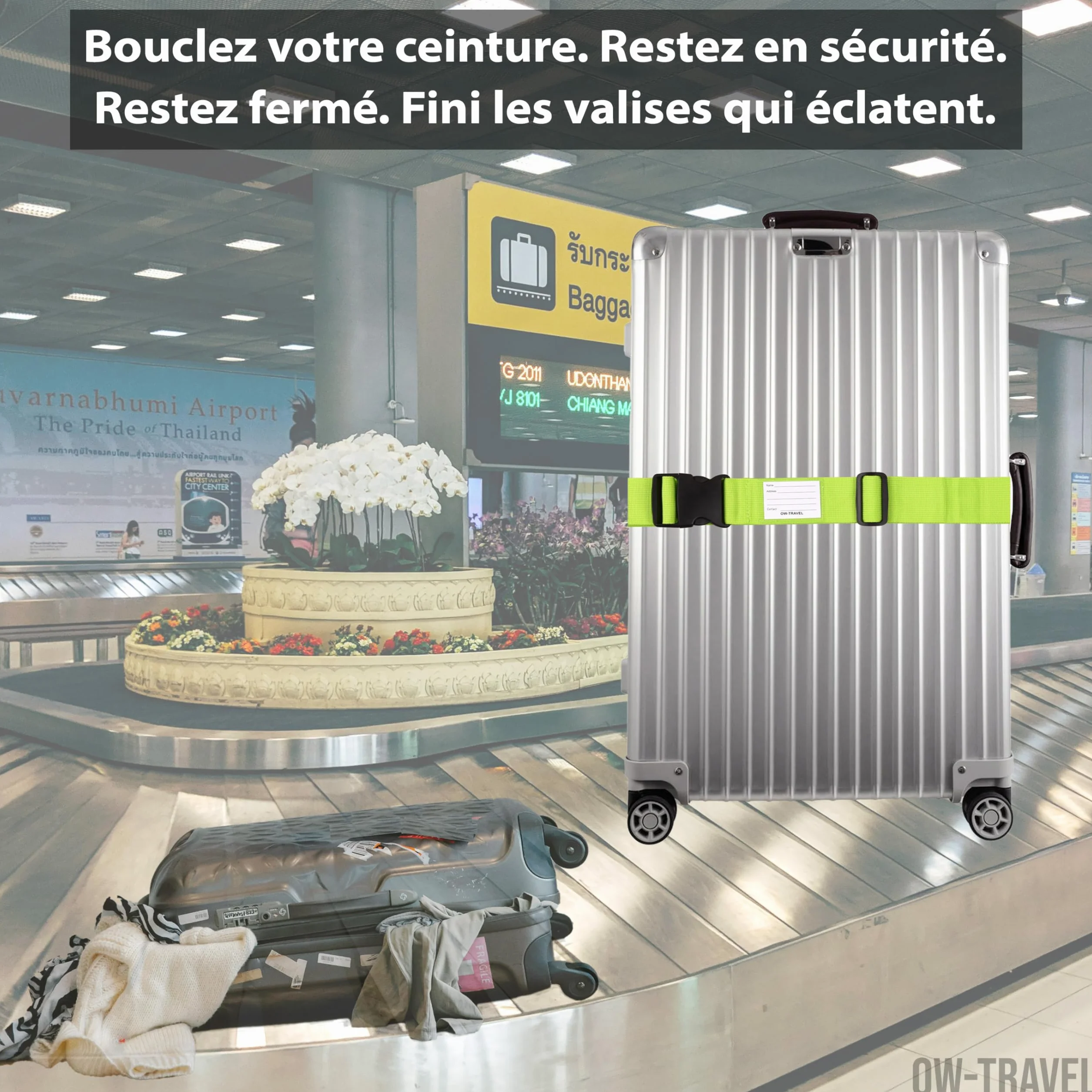 Sangle Valise Voyage OW-Travel Bleue Verte Orange Rose Facile à Repérer avec Etiquette