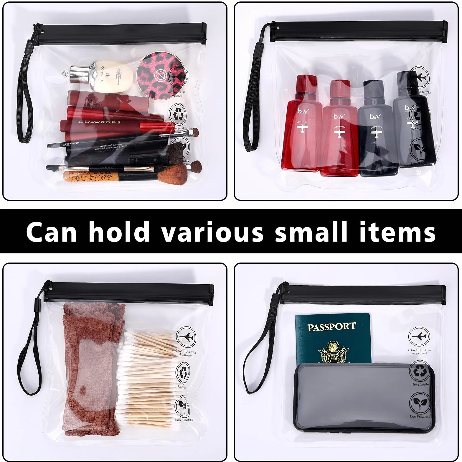 Sac Culturel Transparent 20x20 cm Lot de 4 Certifié TSA Étanche Résistant aux Fuites avec Poignées Accessoires de Voyage