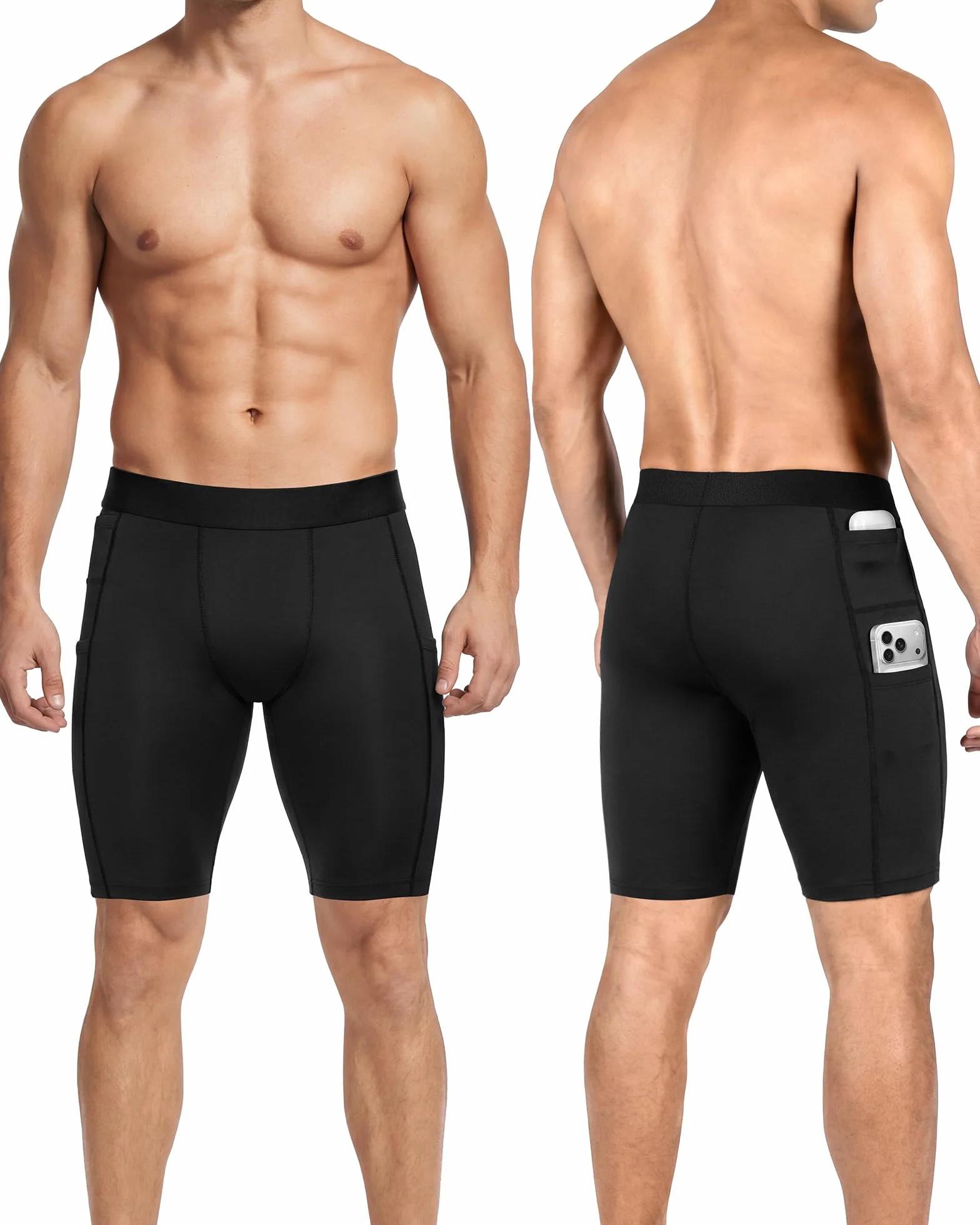 Short de Compression Homme avec Poche Téléphone, Séchage Rapide, Caleçon Sport Base Layer pour Fitness Gym
