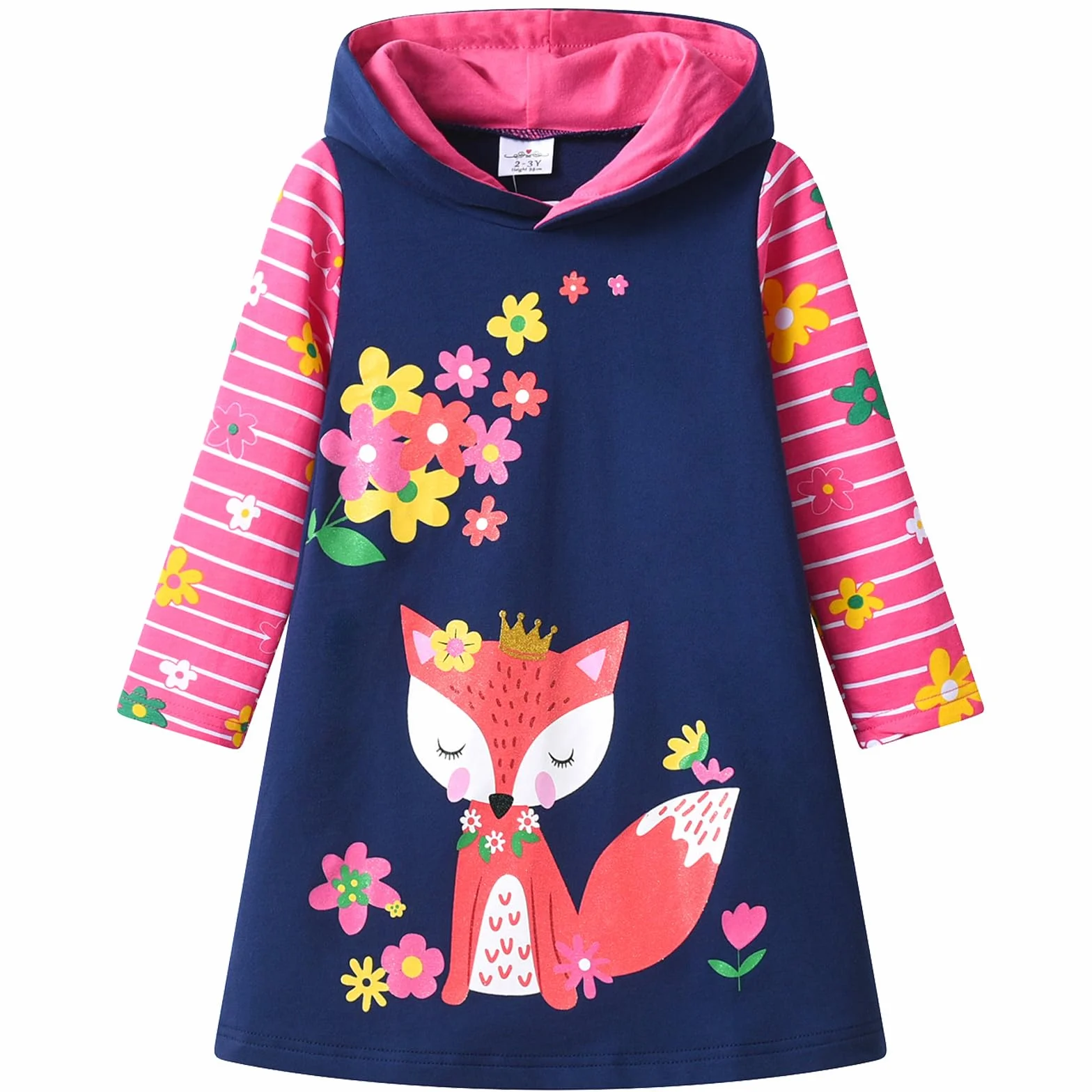 VIKITA Sweatshirt Enfant Broderie Fleur Capuche Robe Rayée Coton Fille 1-8 Ans