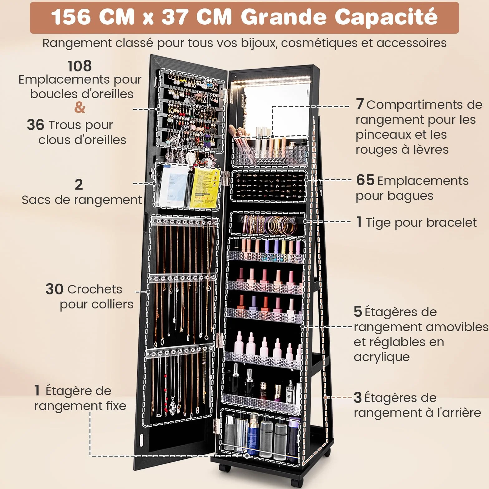 COSTWAY 3 en 1 Armoire à Bijoux sur Roulettes avec Miroir Psyché et Lumières LED, Verrouillable, Noir