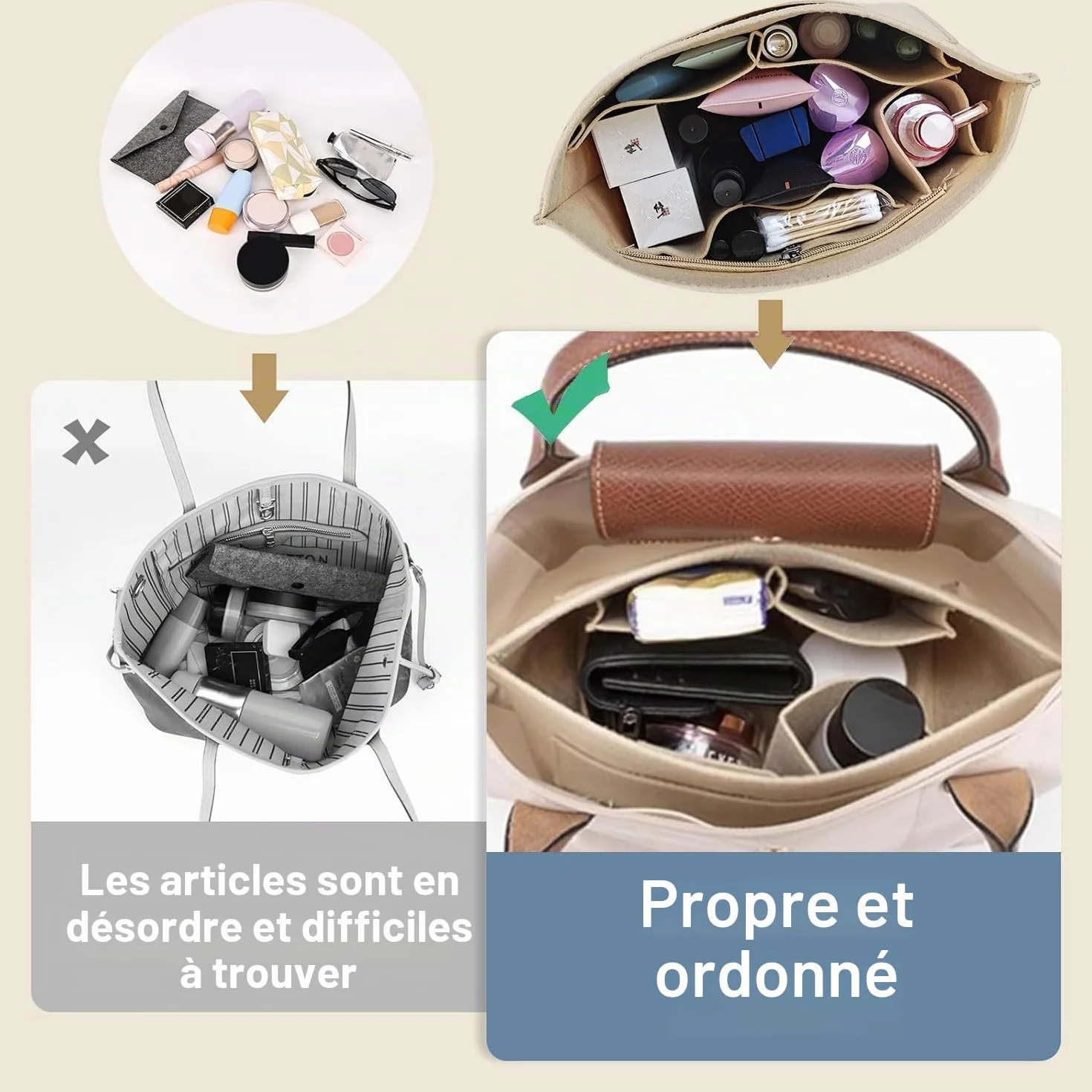 Organisateur de Sac en Feutre pour Longchamp Pliage Femme