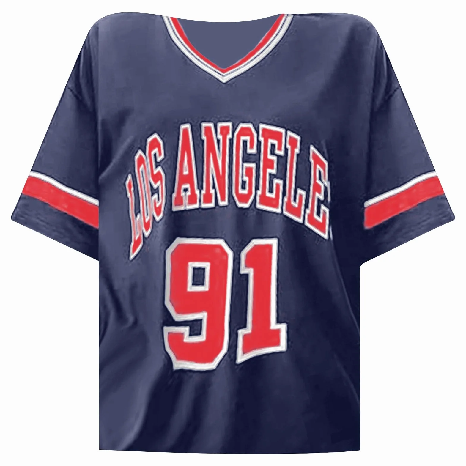 Los Angeles T-Shirt de Baseball surdimensionné pour Femme avec Bordure Graphique à Rayures Col en V Streetwear
