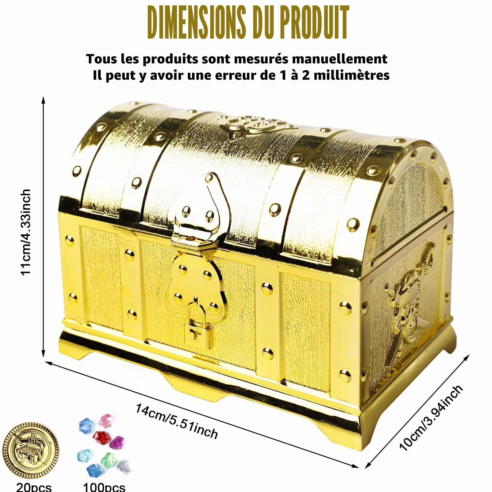 Coffre au trésor pour enfant avec serrure - 20 pièces d'or et 100 pierres précieuses