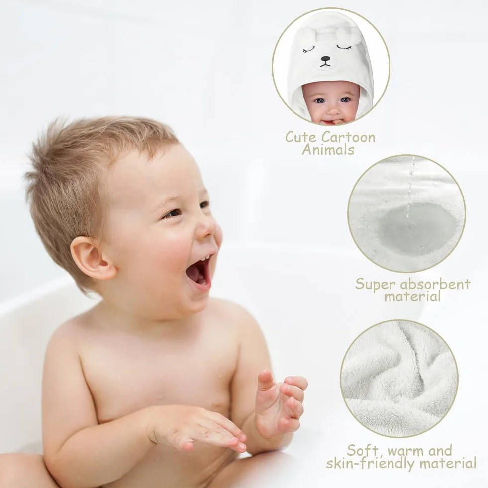 Serviette de Bain Capuche Bébé 80x80 cm Cape de Bain Doux Absorbant Ours Blanc