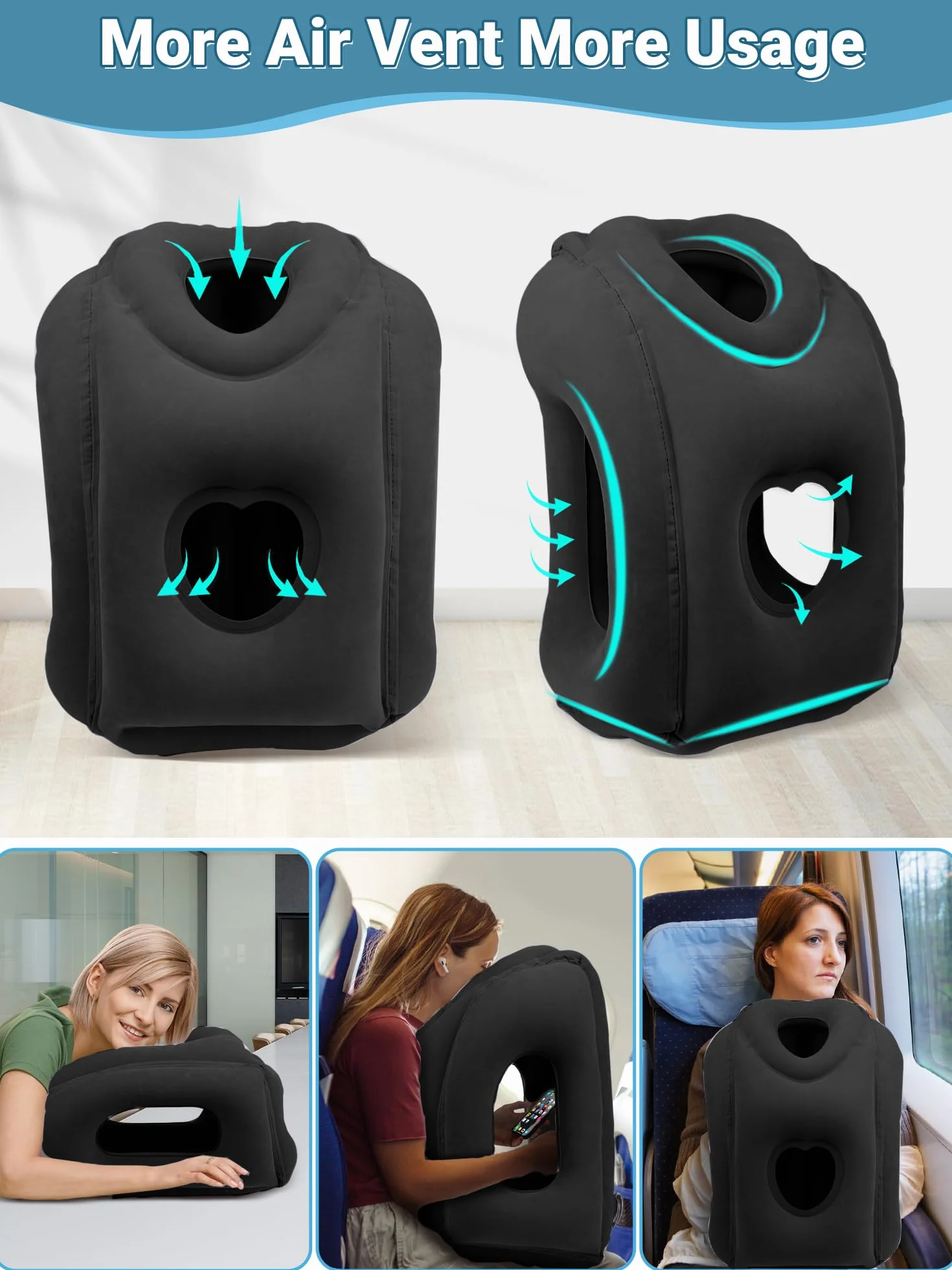 Oreiller de Voyage Gonflable Maliton avec Support d'appui-tête, Coussin Pliable pour Avion, Train, Maison ou Bureau - Noir