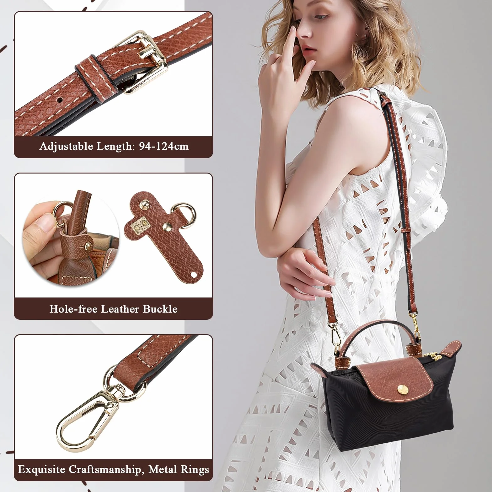 Bandoulière Longchamp Marron 12 mm 94-124 cm Sac Sangle avec Adaptateurs