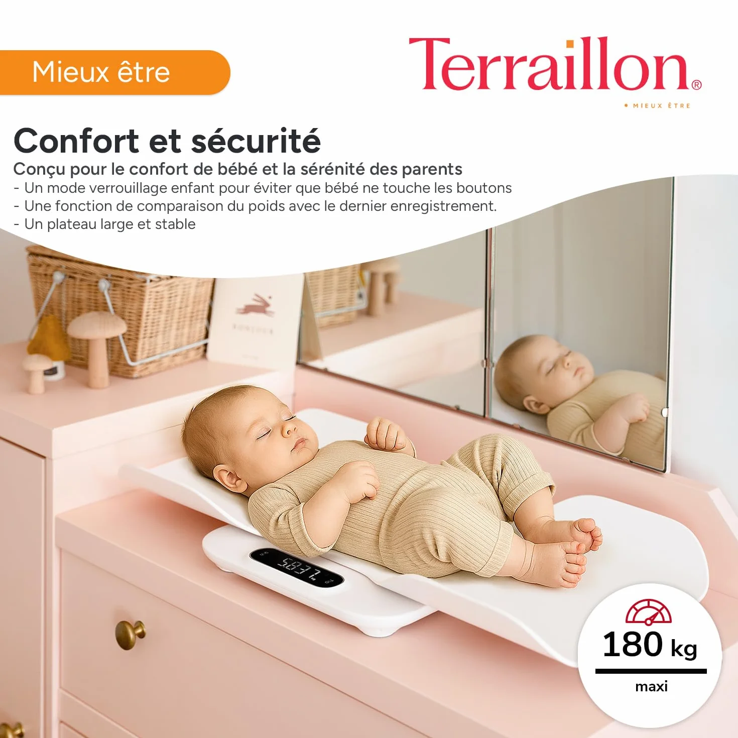 Pèse Bébé 2 en1 électronique TERRAILLON BABY FIT, Nacelle Détachable, Capacité 180 kg, Blanc