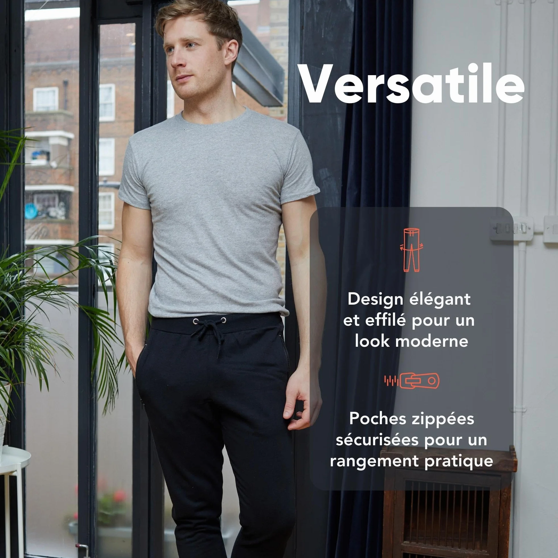 FM London Pantalon de Jogging Slim Coupe Ajustée Hommes Poches Zippées