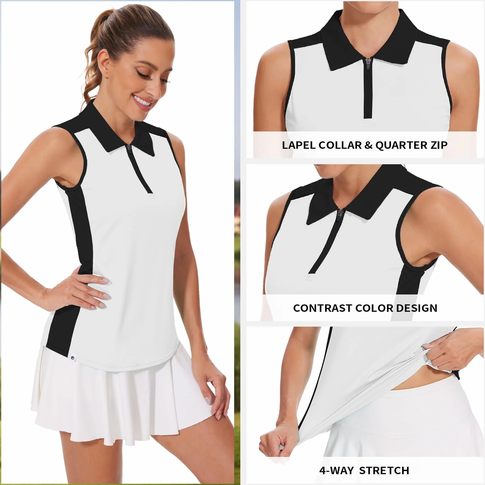 Soneven Polo Femme Manches Courtes 1/4 Zipper d'été Golf Tennis Tops Sport Shirt Blanc