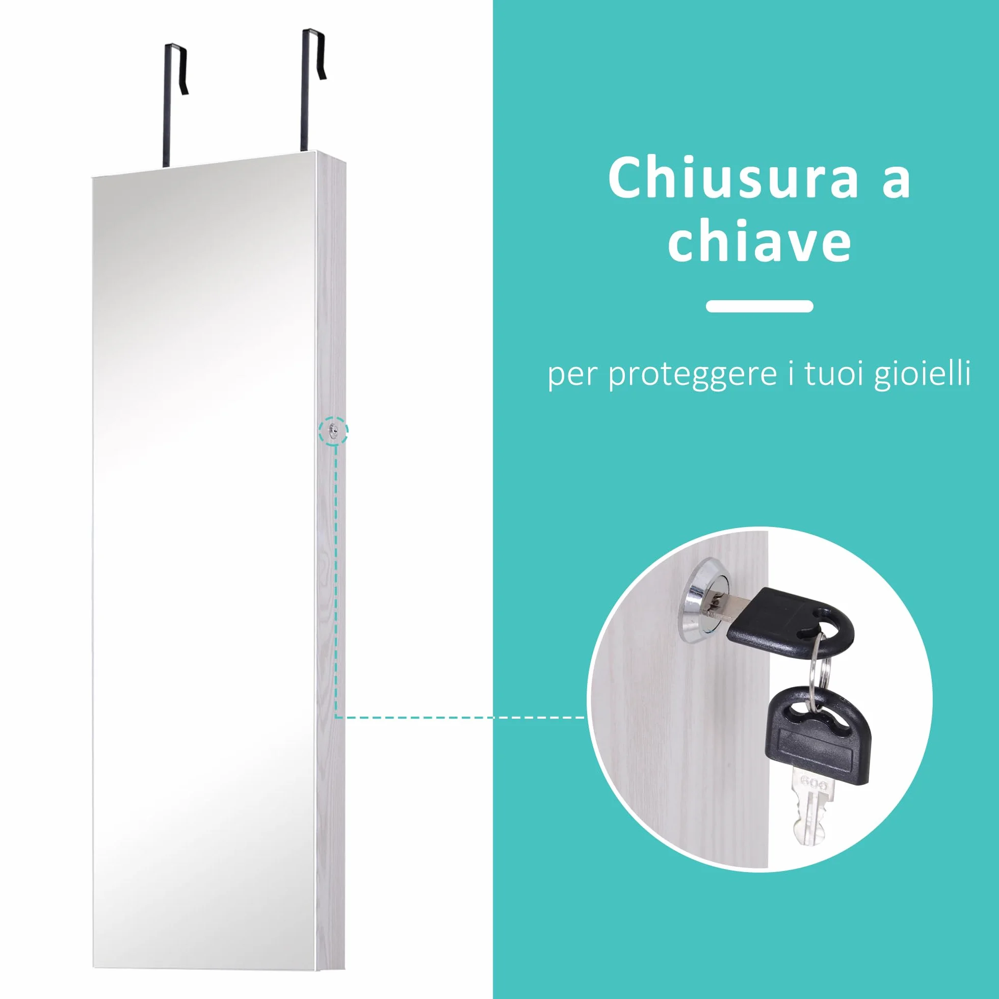 HOMCOM Armoire à bijoux avec miroir LED, verrouillable, fixation porte ou mur, 37x10x120cm, effet bois grisé