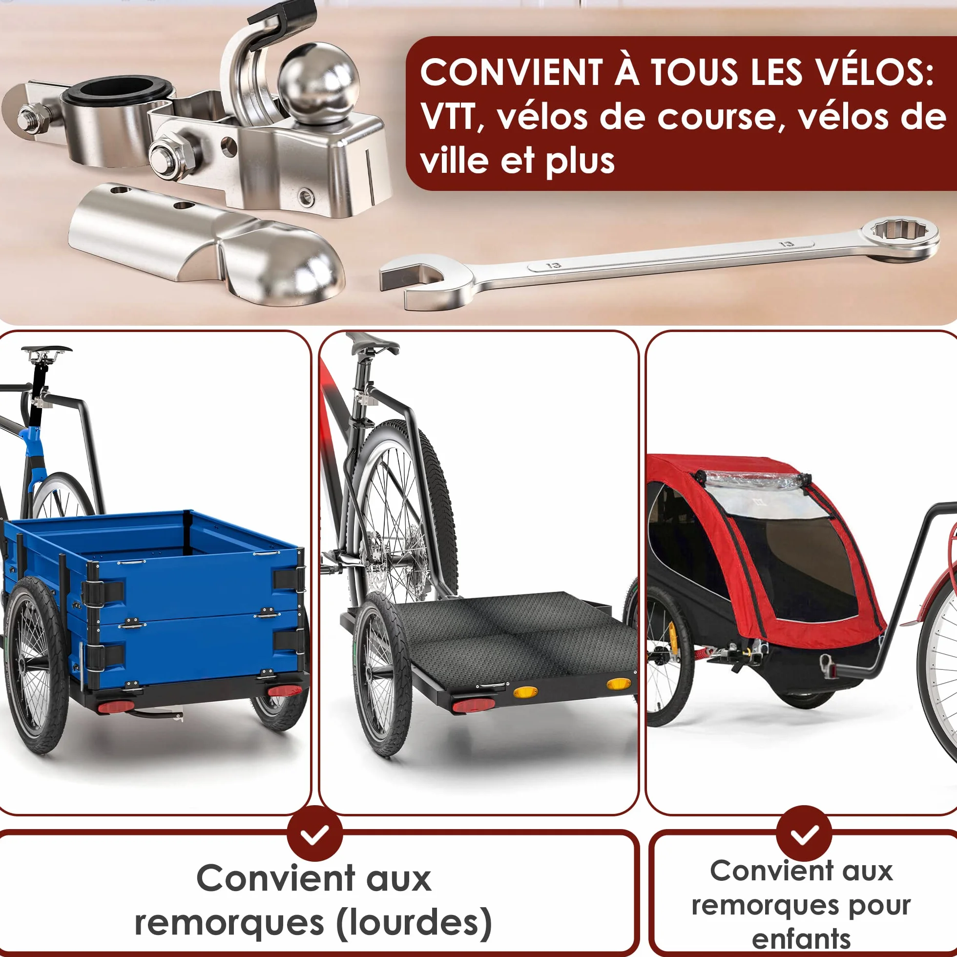 Weidebach Attache remorque vélo métal galvanisé Ø 2.35-3.05 cm clé à molette incluse
