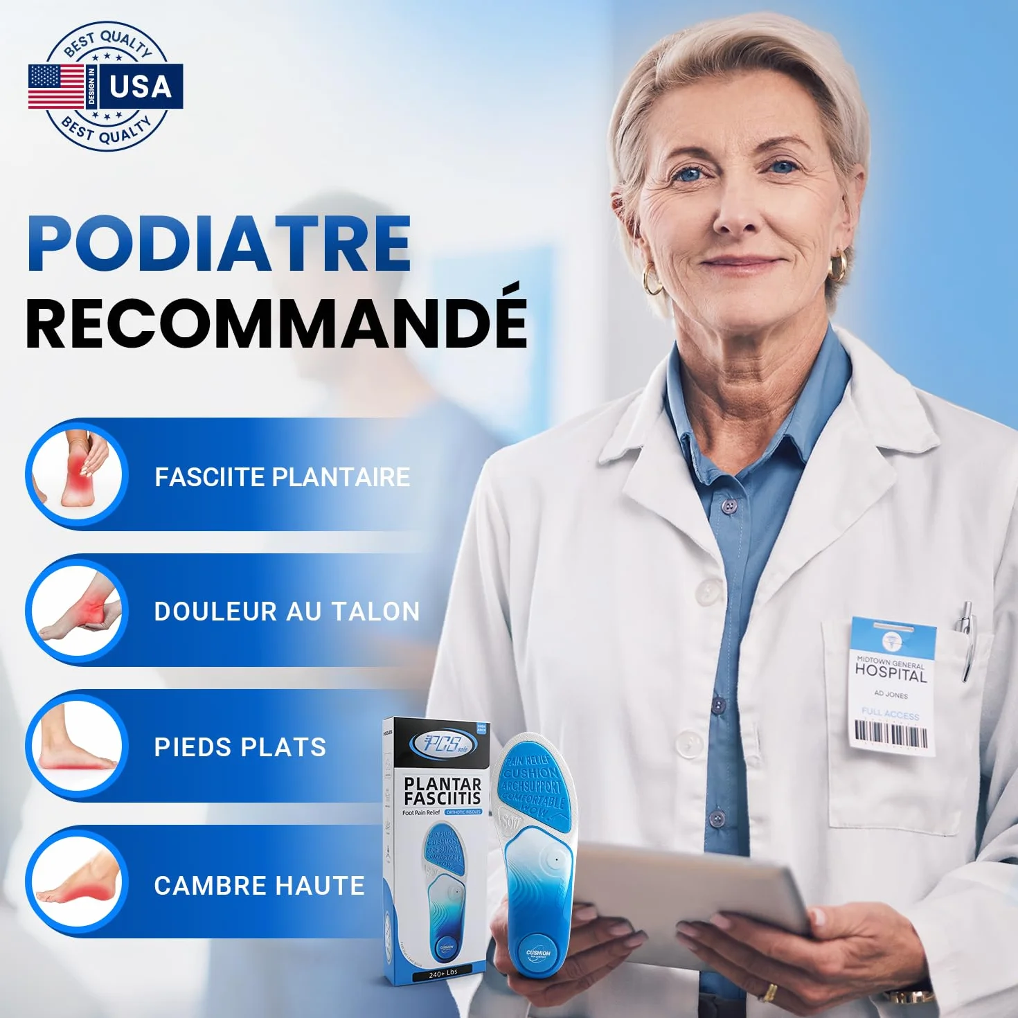 PCSsole Semelles Orthopédiques Support d'Arche Intensité Élevée 110kg+ pour Fasciite Plantaire, Pronation, Pieds Plats