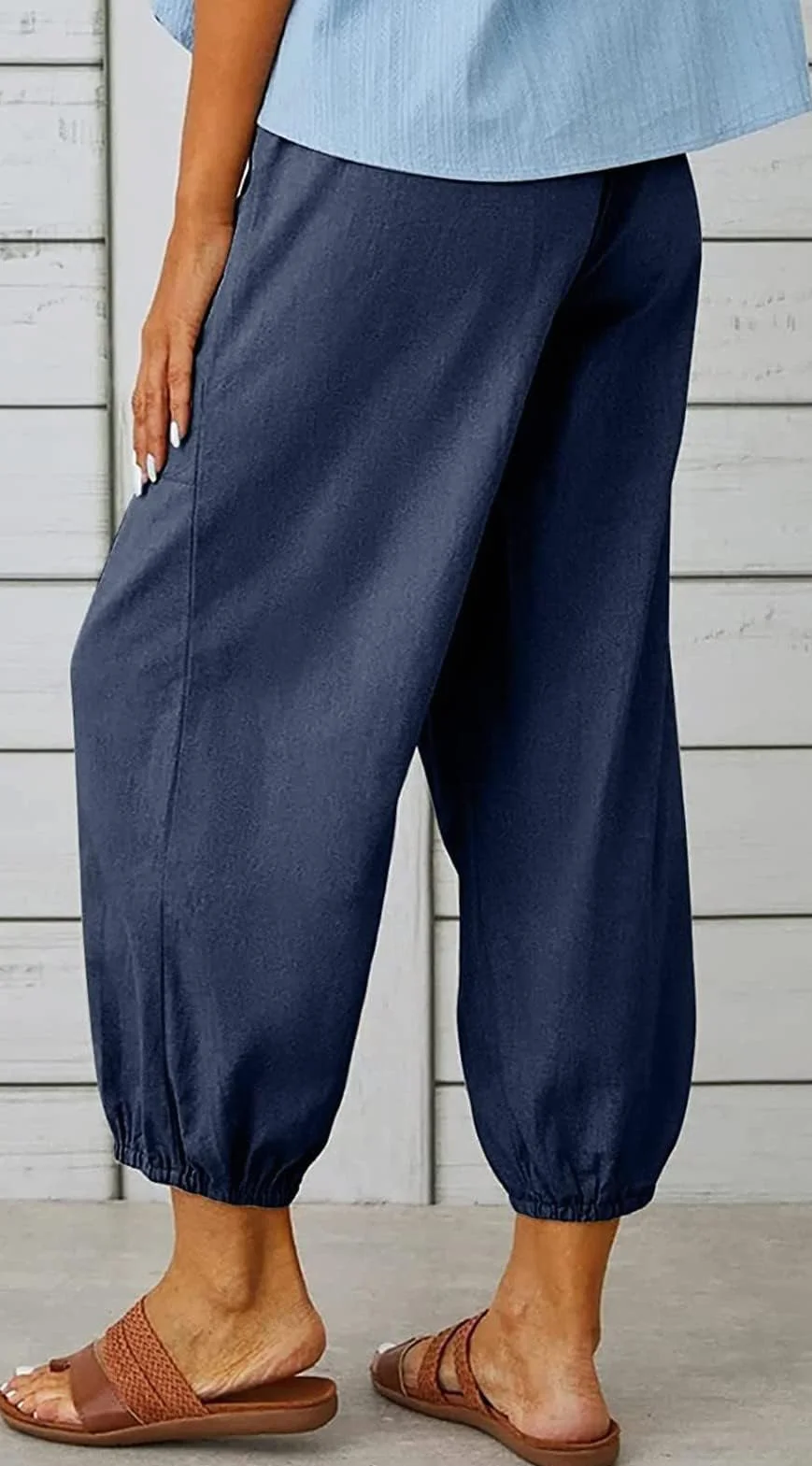 Pantalon 7/8 Femme Lin Ample Longueur Cordon Poches Été