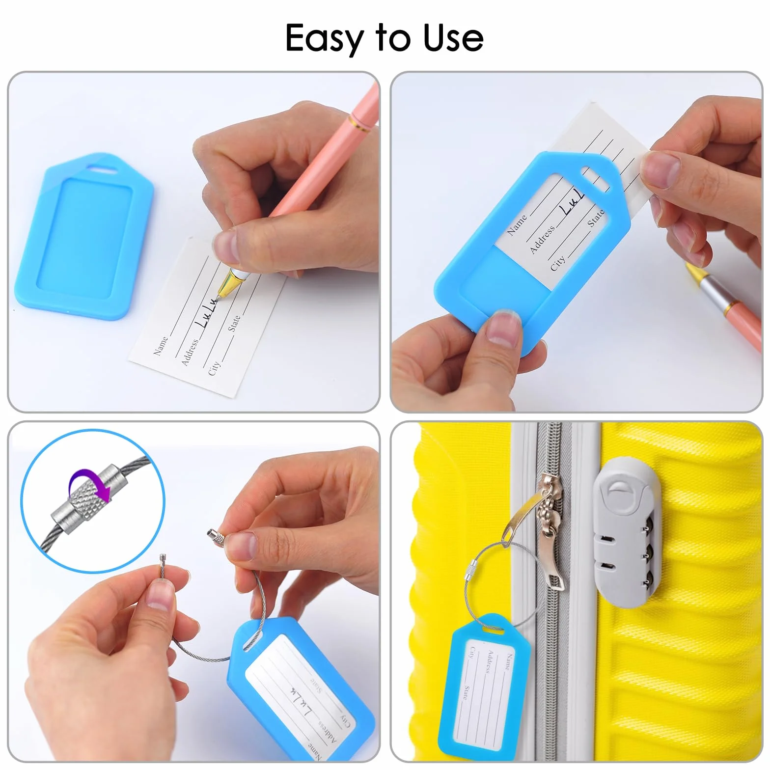 Étiquettes de Bagage en Plastique avec Cordon Inox et Carte PVC étanche, Lot de 12