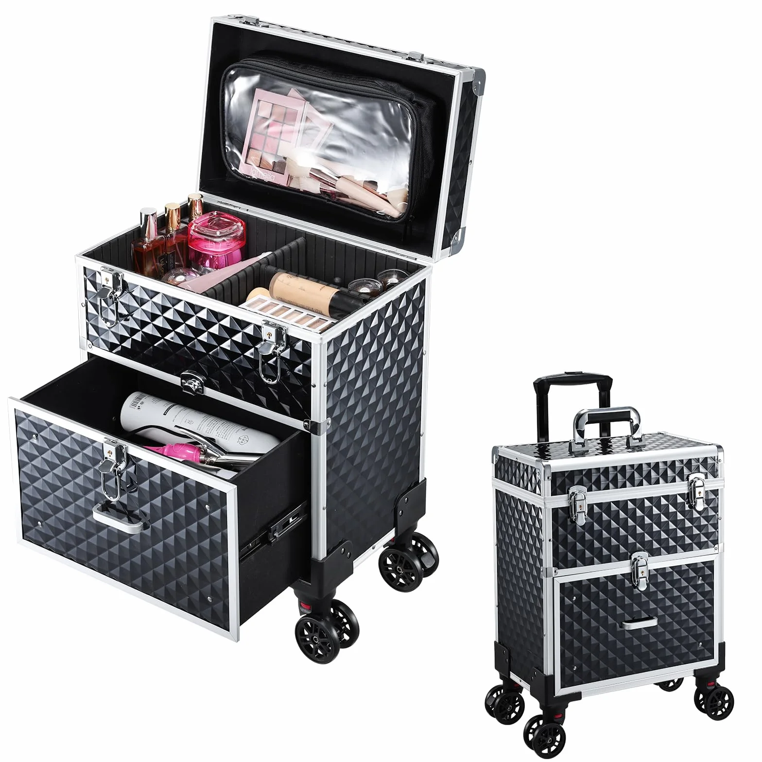 Valise Maquillage Professionnelle avec Roulettes et Casiers, Noir