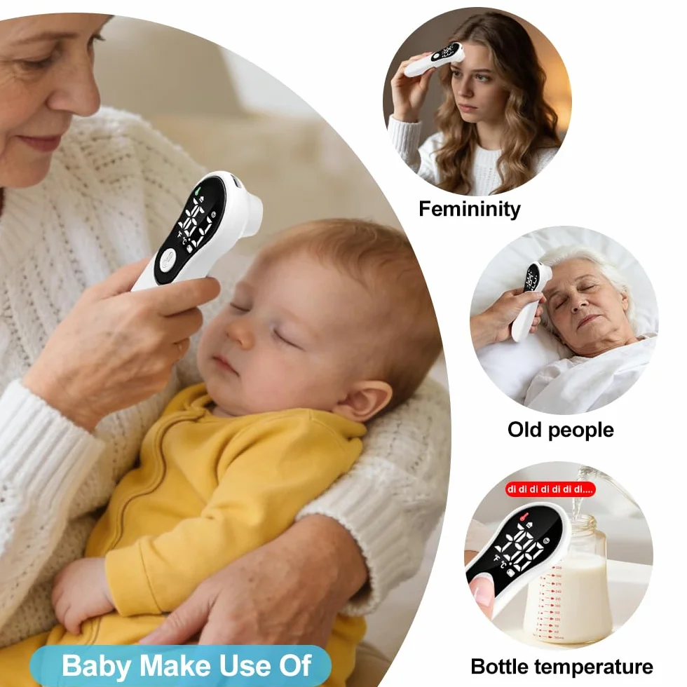 Thermomètre Frontal Sans Contact Infrarouge Numérique pour Adultes et Bébé, Écran LCD, Alerte Fièvre, Blanc
