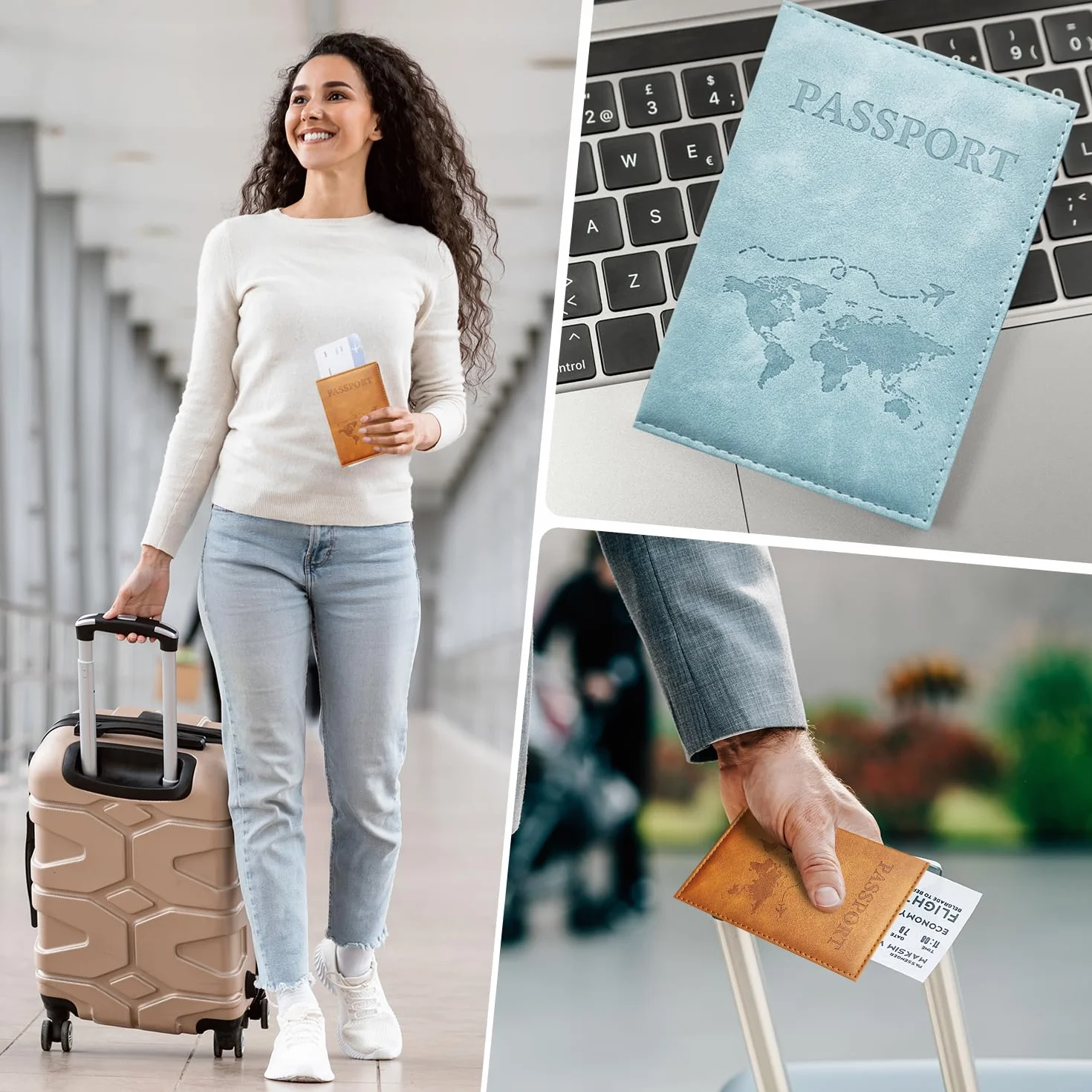 Porte-passeports en cuir PU lot de 2, portefeuille de voyage pour passeport, cartes, marron et bleu clair