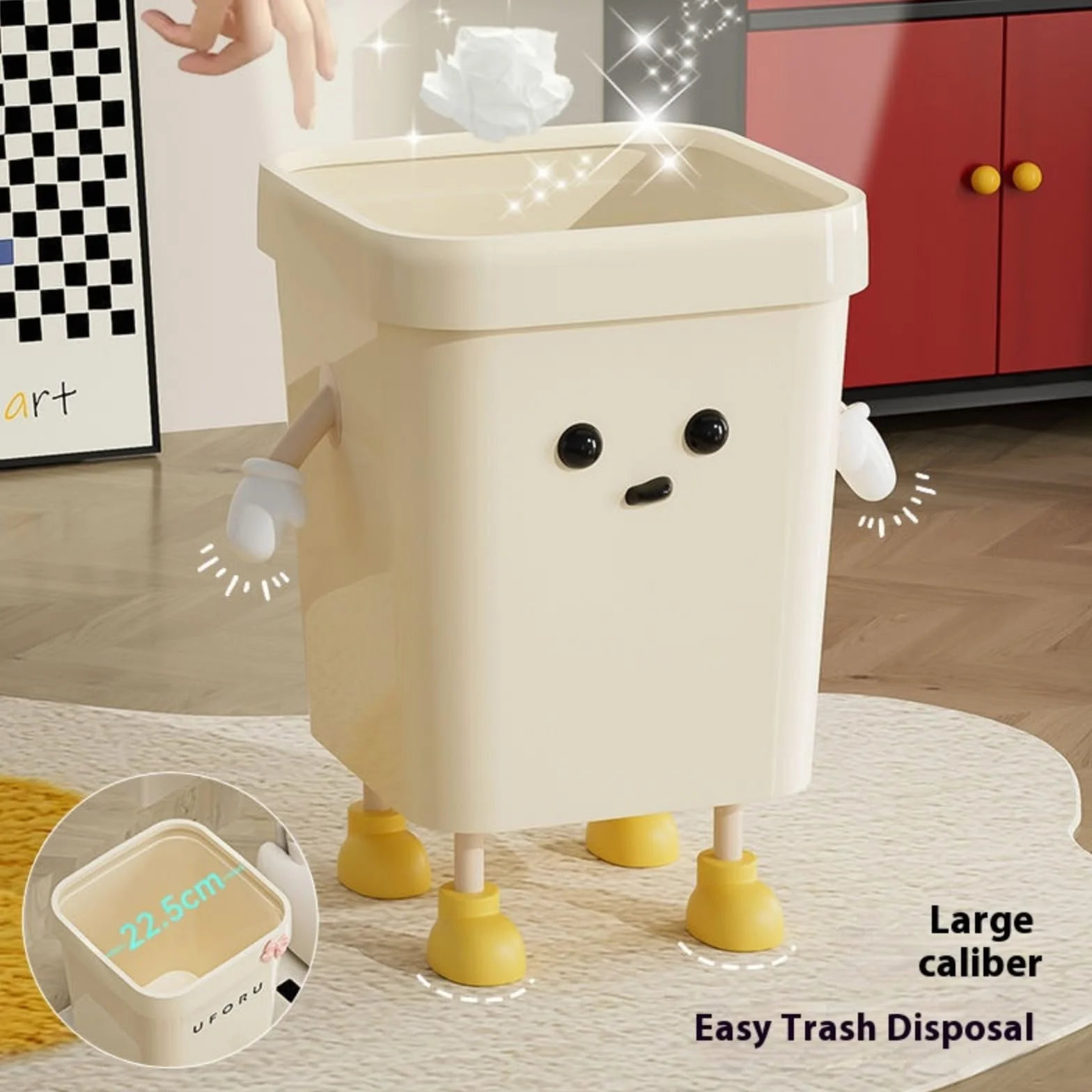 Poubelle mignonne 7L PP dessin animé avec yeux mains jambes panier déchets ouvert cuisine bureau