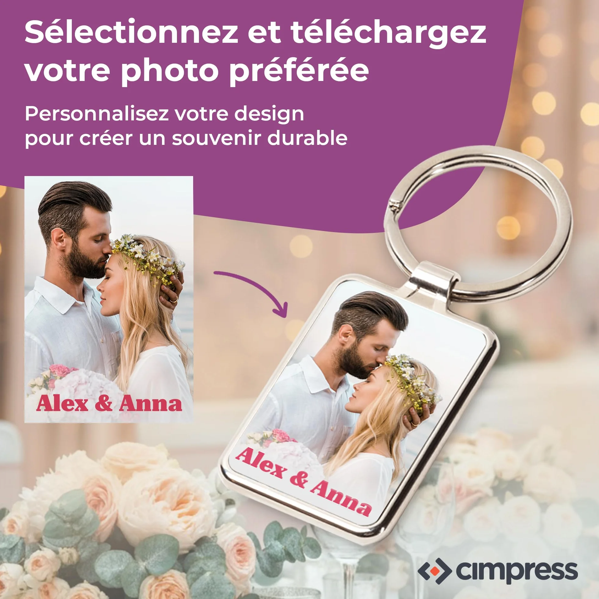 Porte-clé personnalisé en acier inoxydable 7,5 × 3 cm avec photo ou texte, impression couleur