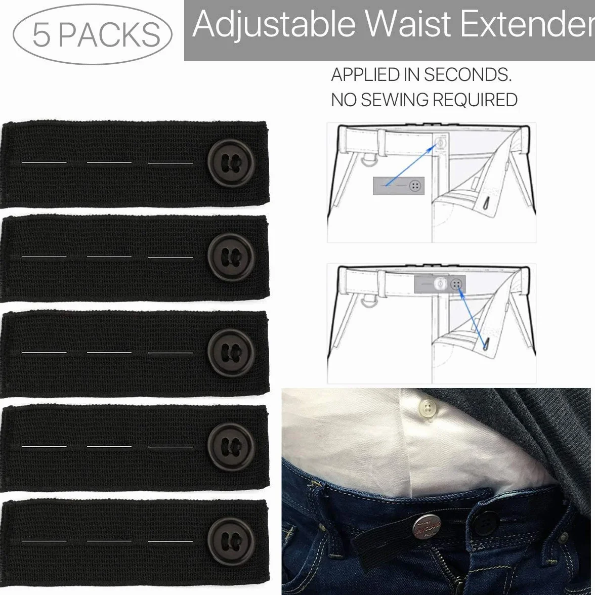 Extendeurs de Taille Elastiques 5PCS Ceinture Réglable pour Pantalon Jeans Noir