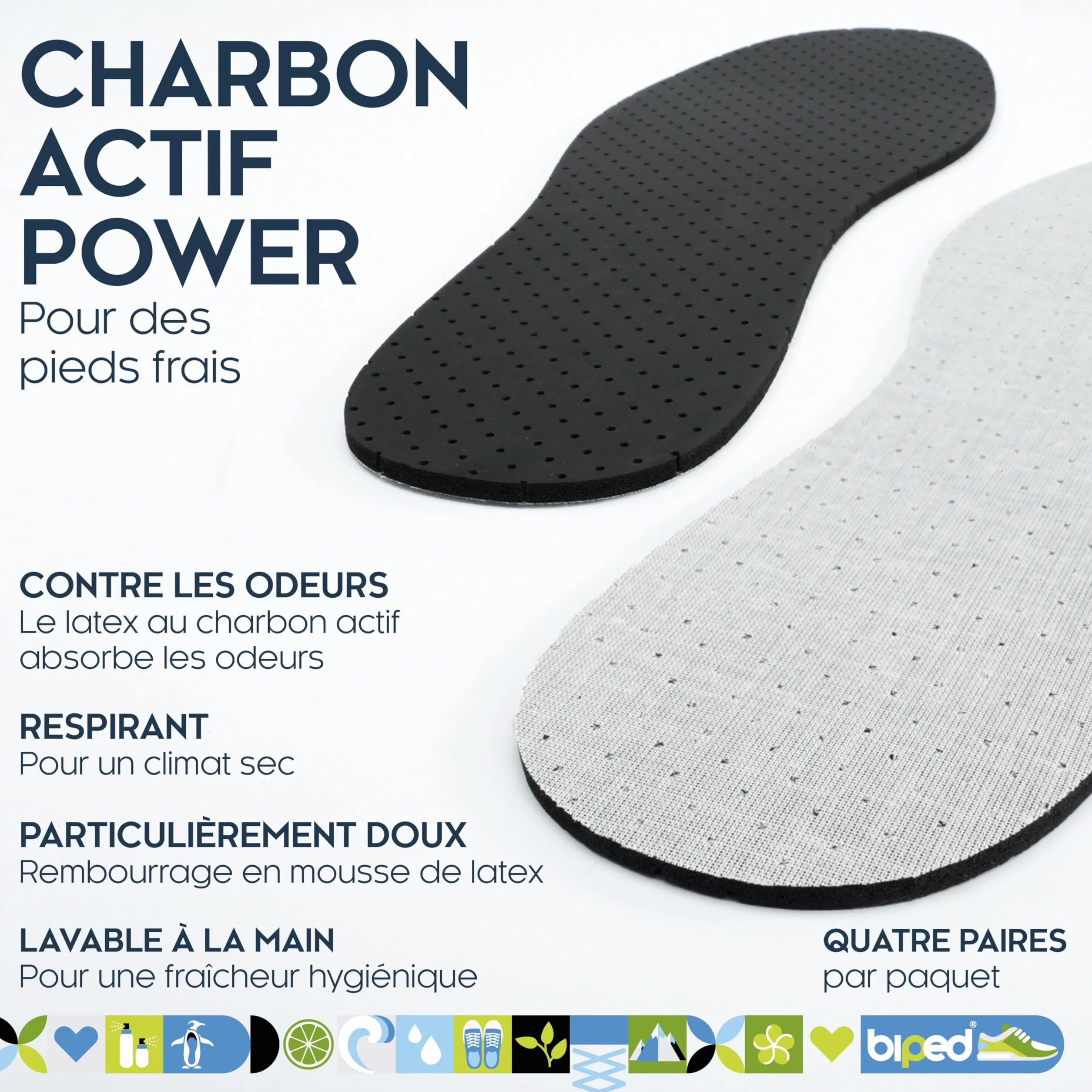 Semelles charbon actif Lot de 4 paires - Contre pieds transpirants - Régulation température - Pour chaussures fraîches