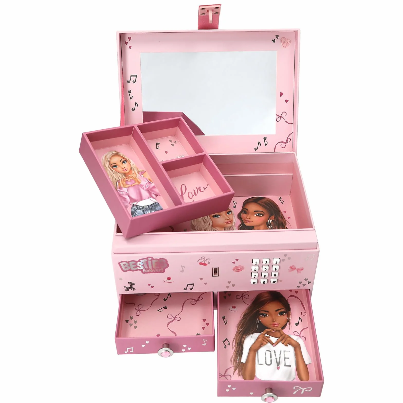 Depesche TOPModel My BFF Grande boîte à bijoux rose avec motif cœurs code son miroir