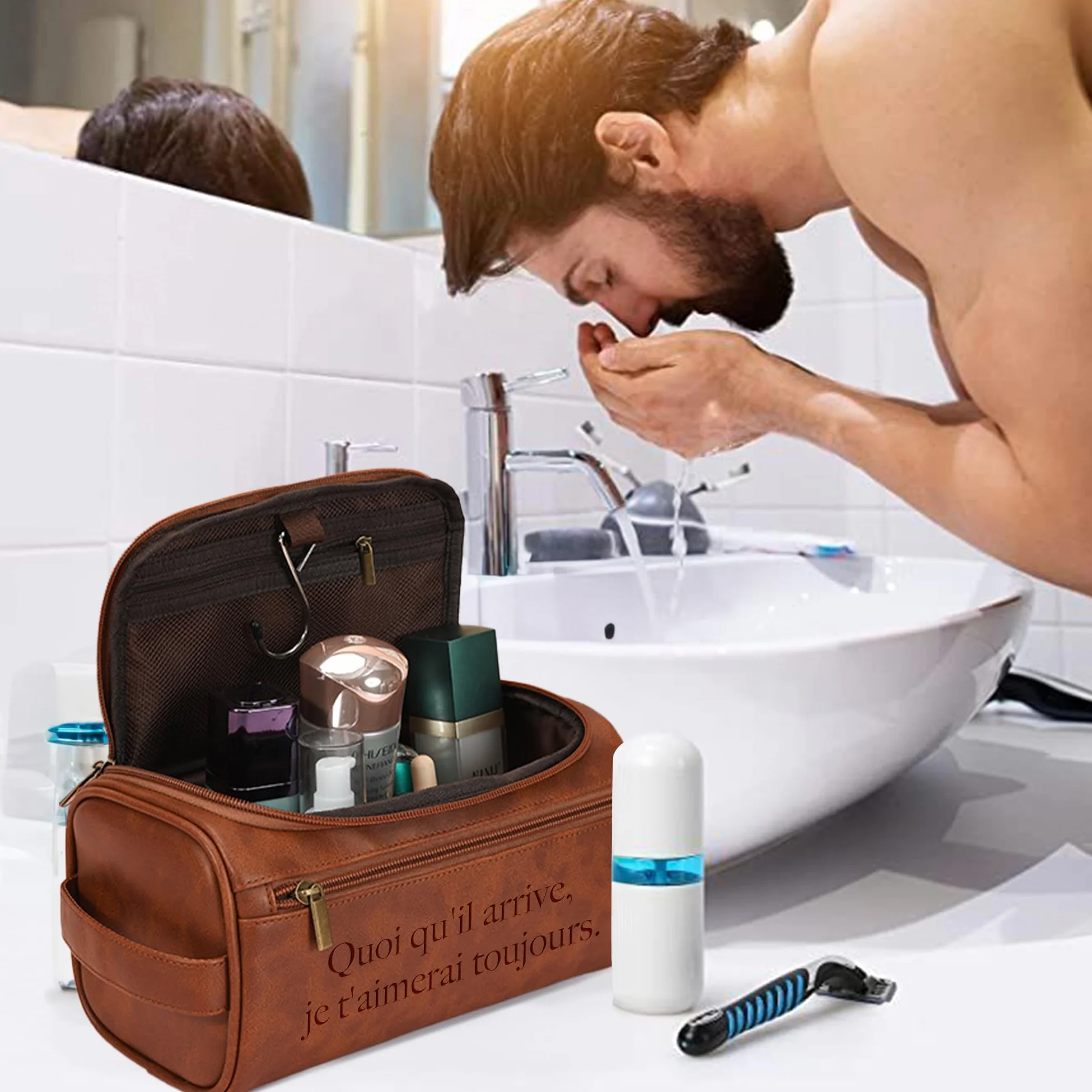 Easycosy Trousse de Toilette Homme avec Crochet en Cuir PU pour Voyage